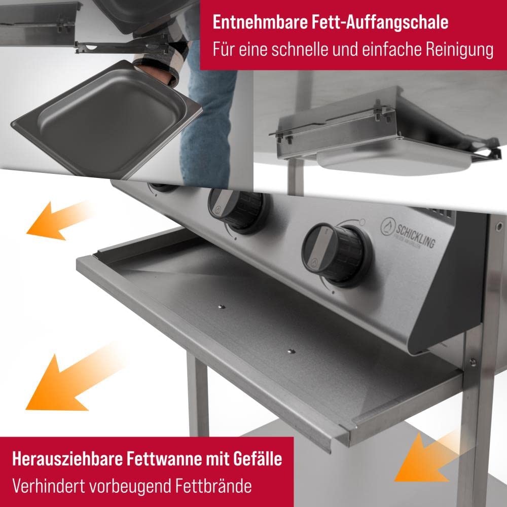 Schickling Gasgrill "Henry L - Classic" Premium BBQ Grillwagen komplett aus Edelstahl mit 3 Brennern & Doppelwandigem Deckel – Made in Germany: 3-teiliger Grillrost | Grillfläche: 55 x 33 cm