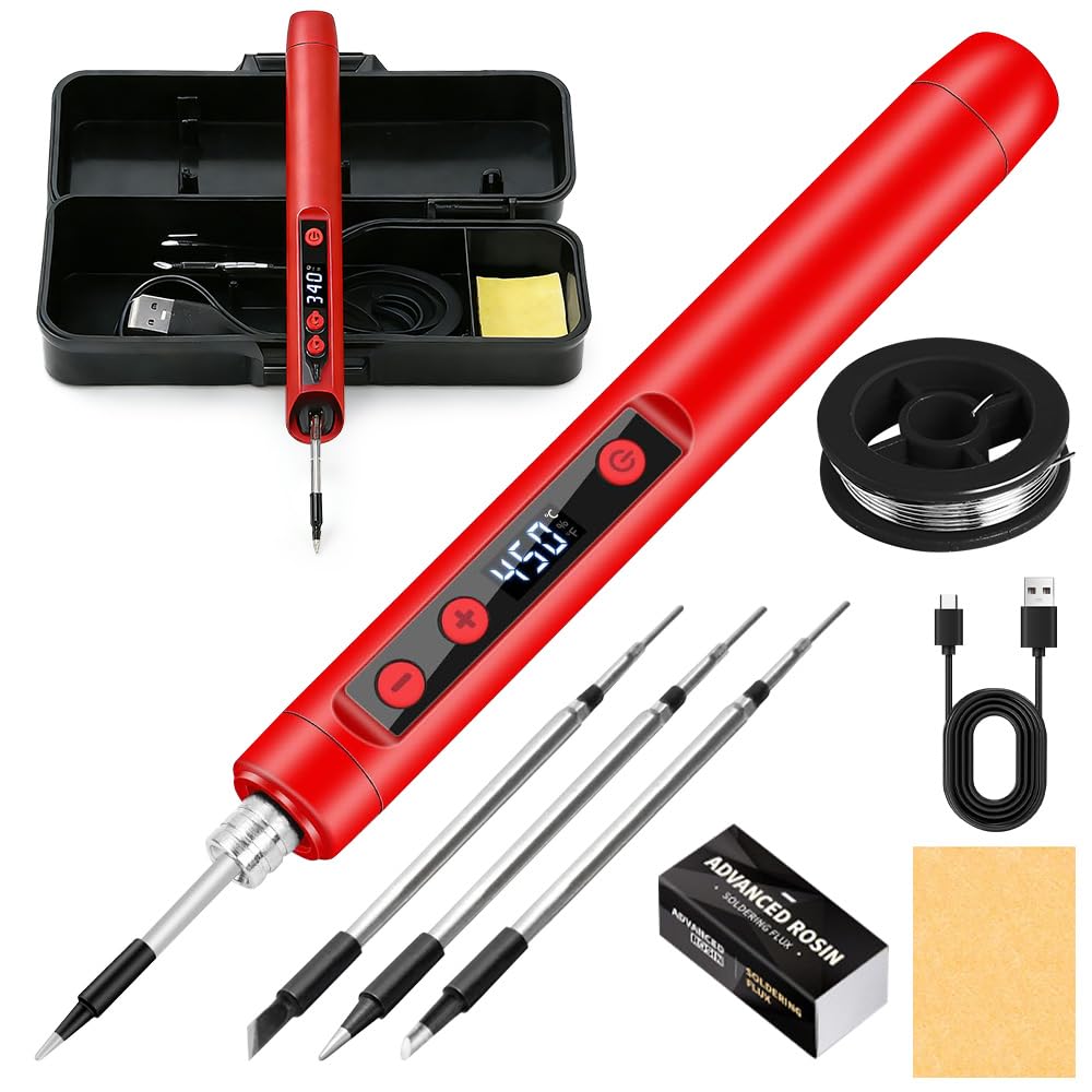 Set saldatore, saldatore a batteria USB con LCD, 180 ℃-450 ℃, ferro portatile con filo di saldatura, cassetta degli attrezzi, 3 punte per saldatore, ecc. per piccole riparazioni come circuiti stampati