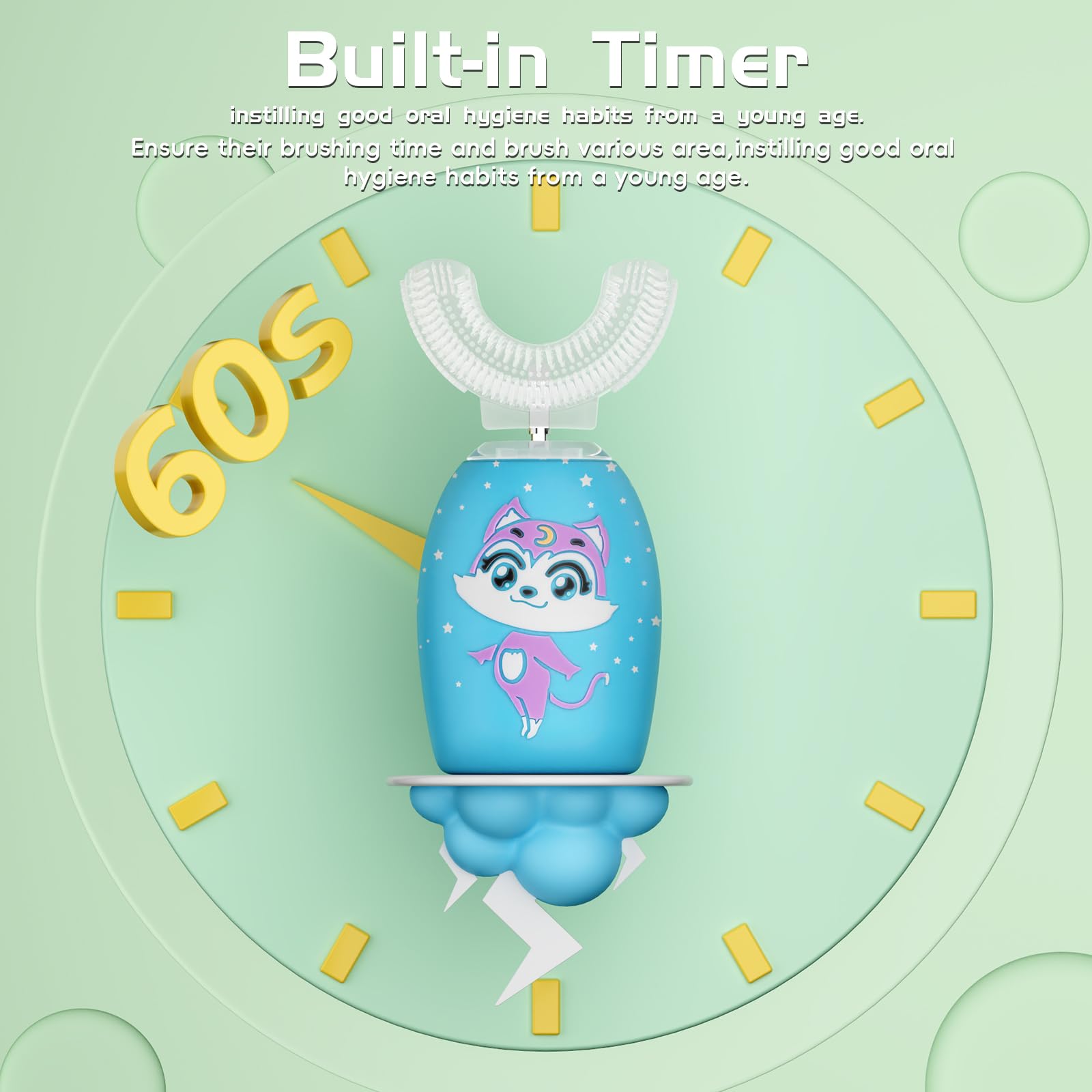 Spazzolino elettrico a forma di U per bambini con 4 testine, spazzolino sonico per bambini con timer 60s, design impermeabile IPX7, età 2-14, motivo carino blu