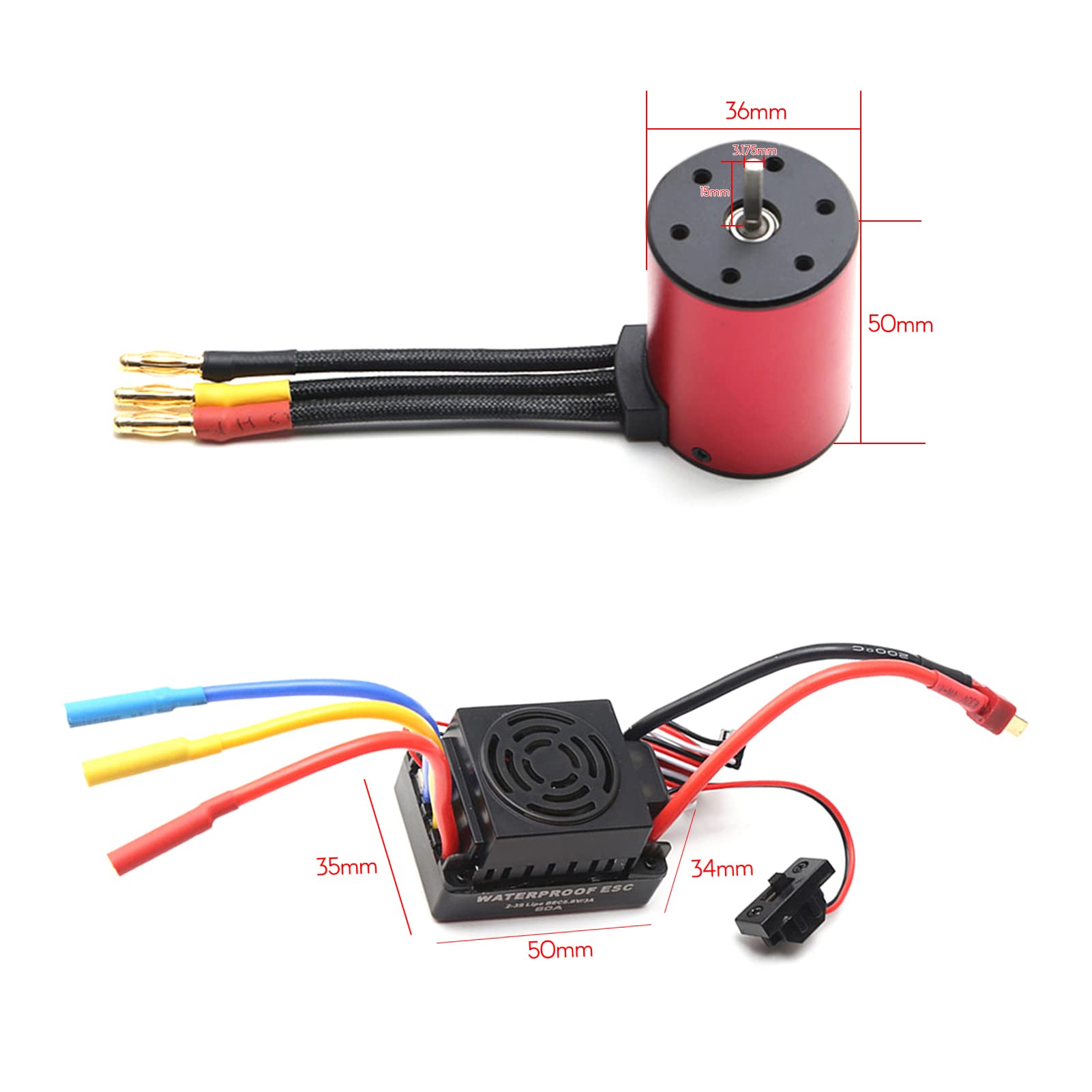Jemora Silnik bezszczotkowy 2300KV 3650 wodoodporny silnik z bezszczotkowym 60A ESC 2-3S Lipo 5,8 V 3A BEC do samochodu 1/8 1/10 RC