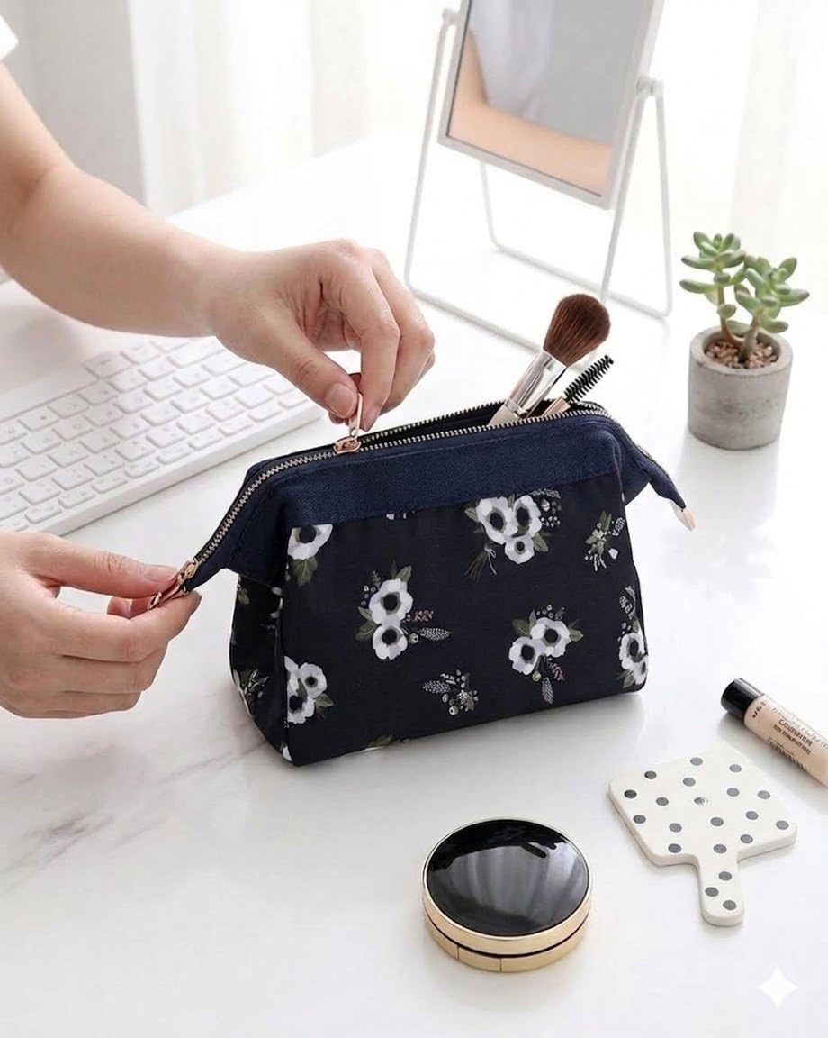 Cosmetic Toiletry Makeup Pouch with Portable Travel Multipurpose Water-Resistant Zipper Makeup Brush Bags - Black Flower RSPBF-64-image-46