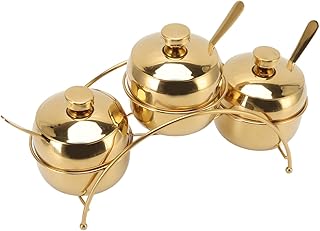 Fdit 3Pcs Seasoning Jar Set with Lid and Spoon, Stainless Steel Seasoning Storage Container Rack Organizer Condiment Holder for Salt Sugar Pepper(Gold)