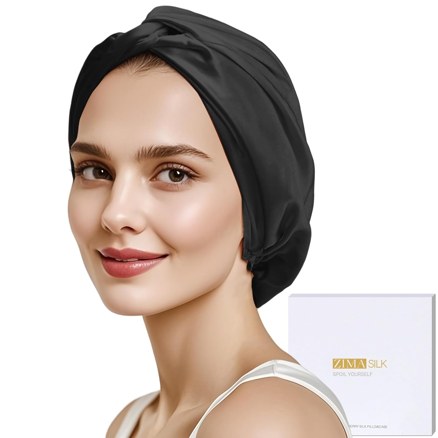 ZIMASILK 22 Momme Adjustable 100% Mulberry Silk Bonnet for Sleeping Women, Silk Sleep Cap for Hair Care Stay On Head (1Pc, Black)