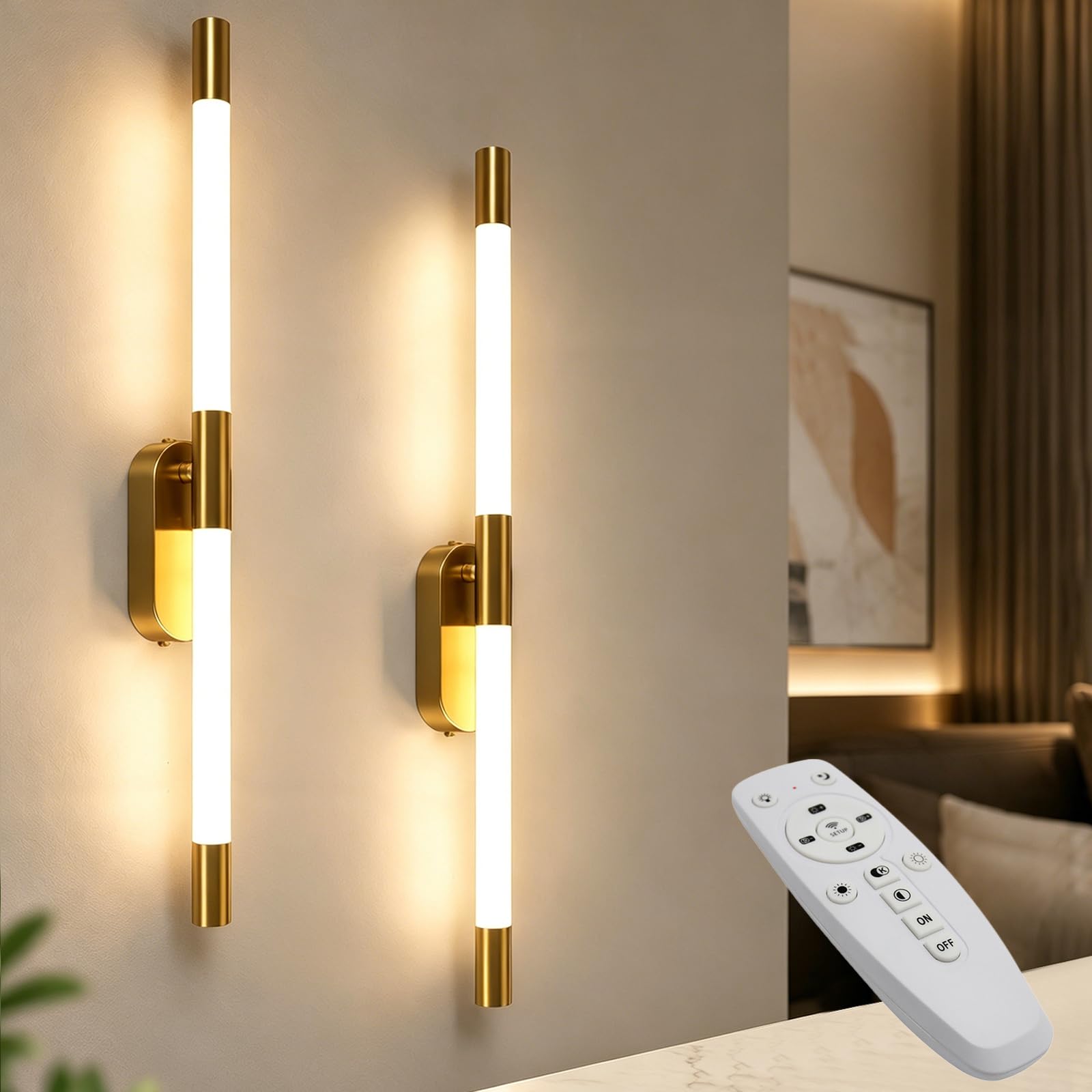2er Set LED Wandleuchte Innen Gold Dimmbar mit Fernbedienung | 60cm Lange, 18W LED, Acryl Lampenschirm, Verstellbare Farbtemperatur Helligkeit, für Schlafzimmer, Flur, Treppenhaus