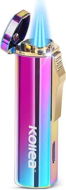 Kollea Triple Jet Lighter, Butane Refillable Windproof Lighter, Rainbow Pocket Lighter with Adjustable Flame, Great Gift for Men for Birthday, Christmas (Butane Gas Not Included)