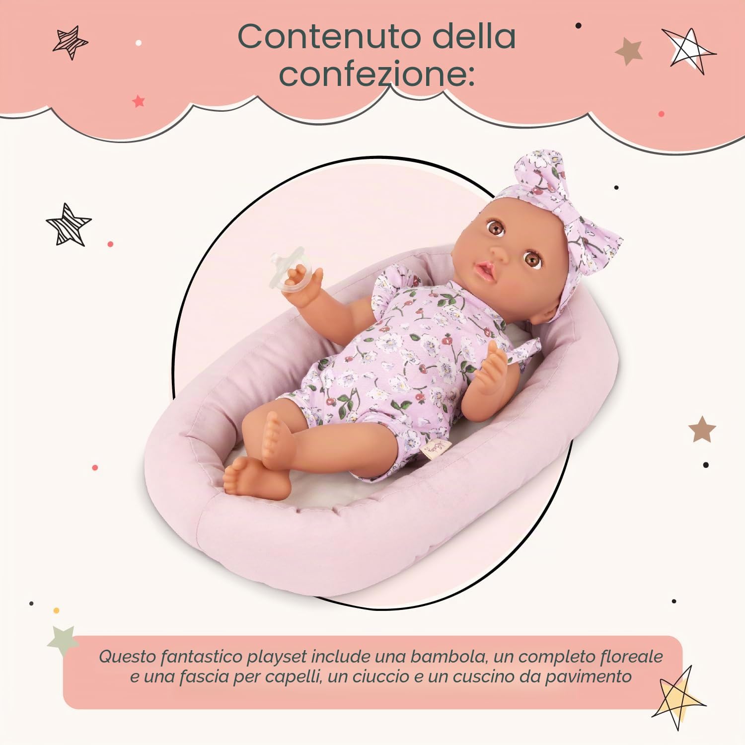 LullaBaby - Set di Bambole e Cuscini da Terra - Bambola realistica da 36 cm - Occhi Marroni e Corpo Morbido - Abbigliamento per Bambole con traversina Floreale, Fascia e succhietto - Bambini 2 Anni +