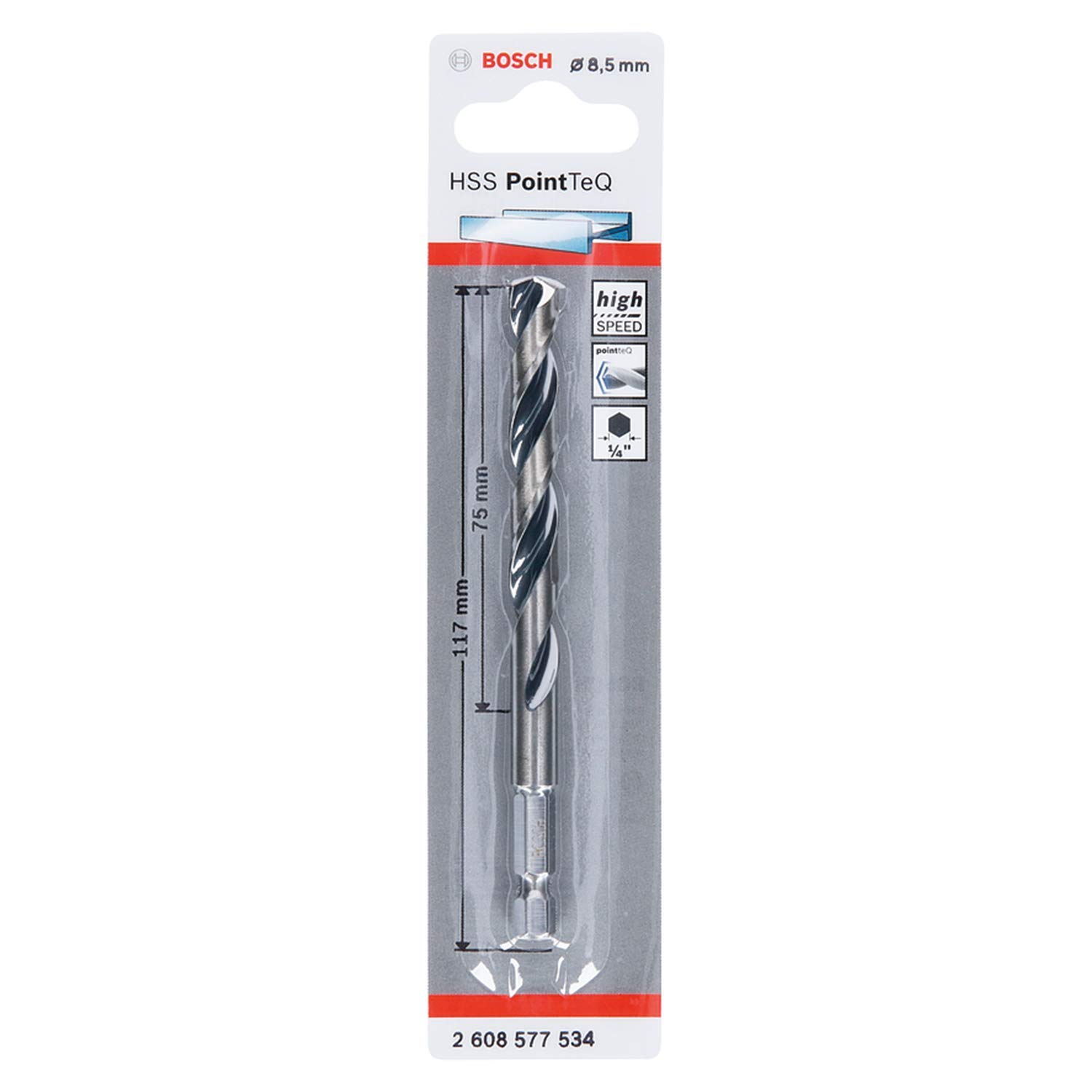Bosch Professional PointTeQ Hex Drill Bit (for Metal, Ø: 8.5 mm, Total Length: 117 mm, ¼’’ Hex Shank, Accessory for Impact Drivers and Drill Drivers)