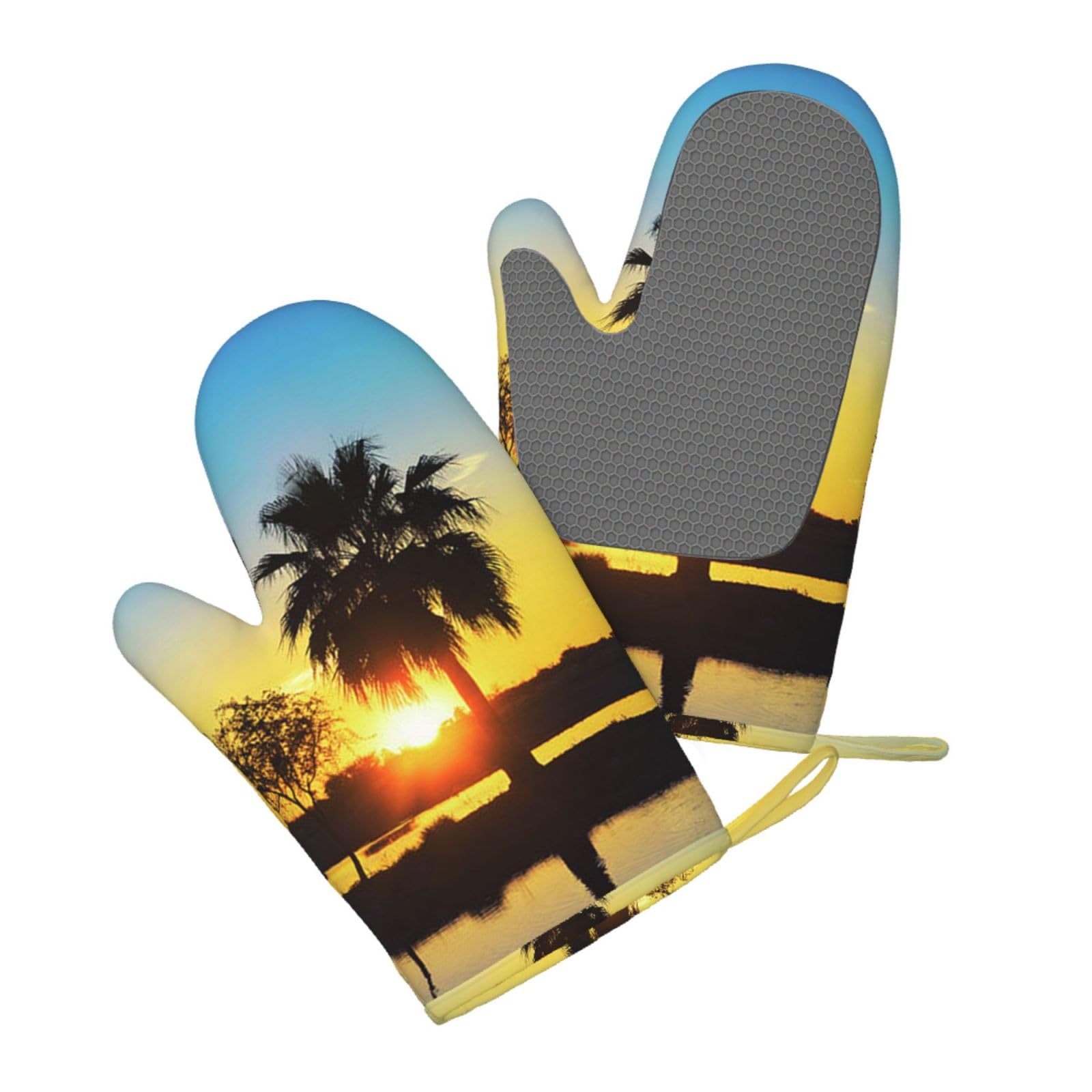Silicone Oven Mitts Set 2PCS, Sunset Palm Printed Heat Resistant Non-Slip Silicone Oven Gloves for Kitchen Cooking Baking Microwave