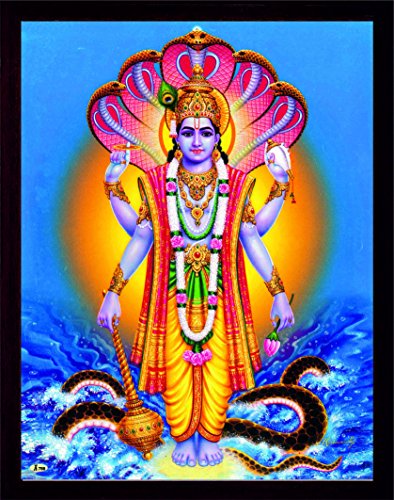HandicraftStore Supreme Lord Vishnu in sea with his Weapon and Conch Shell, A Religious Poster Painting with framing, Must for Hindu Religious and Worship Purpose