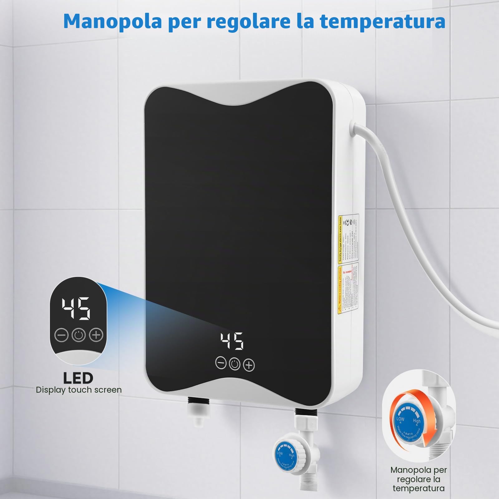 Scaldacqua elettrico 230V 5500W Scaldacqua elettrico istantaneo con indicatore di temperatura LED 30-55°C 20kW, impermeabile IPX4, mini scaldabagno per doccia, bagno, cucina