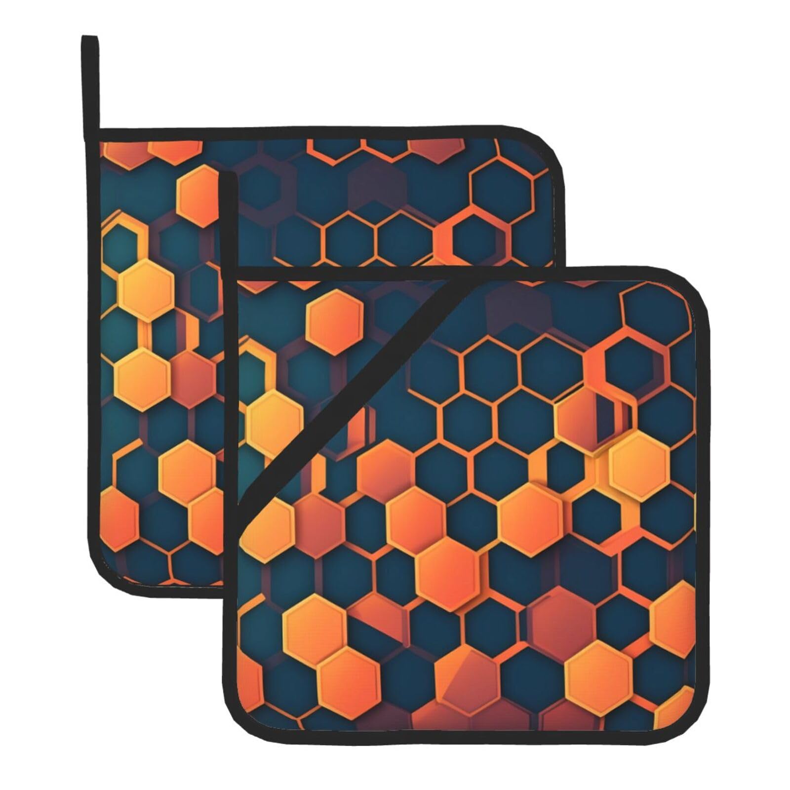 HJFCZH Geometric Honeycomb Pattern Printed Square Insulated Pot Mat Set (2-Piece) 8x8in Waterproof, Thickened & Easy to Clean with Lanyard Design for Kitchen, Oven & BBQ