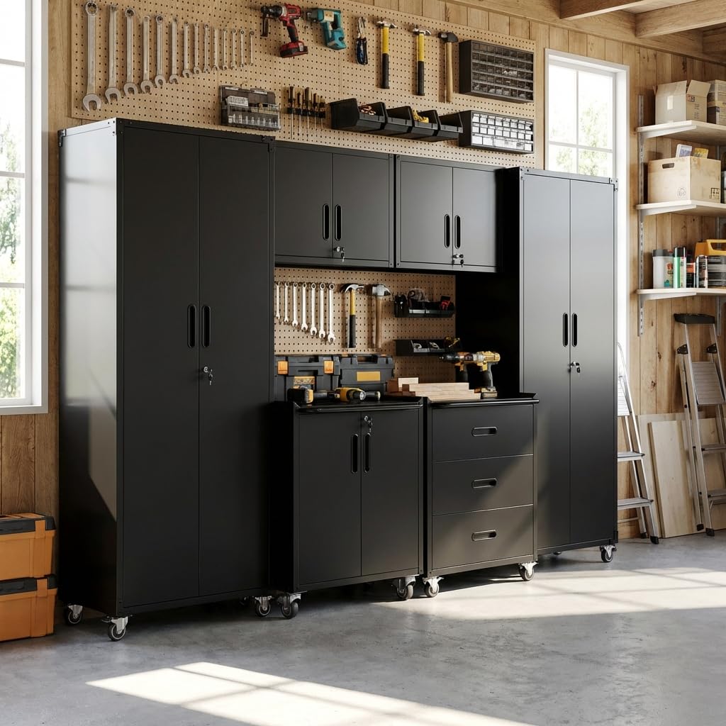 Garage Cabinet System | Heavy Duty Steel All-in-One Modular Garage Cabinet Set for Ultimate Workshop Organization | Easy Assembly Garage Storage Cabinets &amp; Tool Bench
