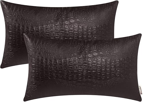 Miniatura 1 de Juego de 2 fundas de almohada BRAWARM para sofá, decoración del hogar, color liso y suave de piel sintética de cocodrilo en ambos lados.