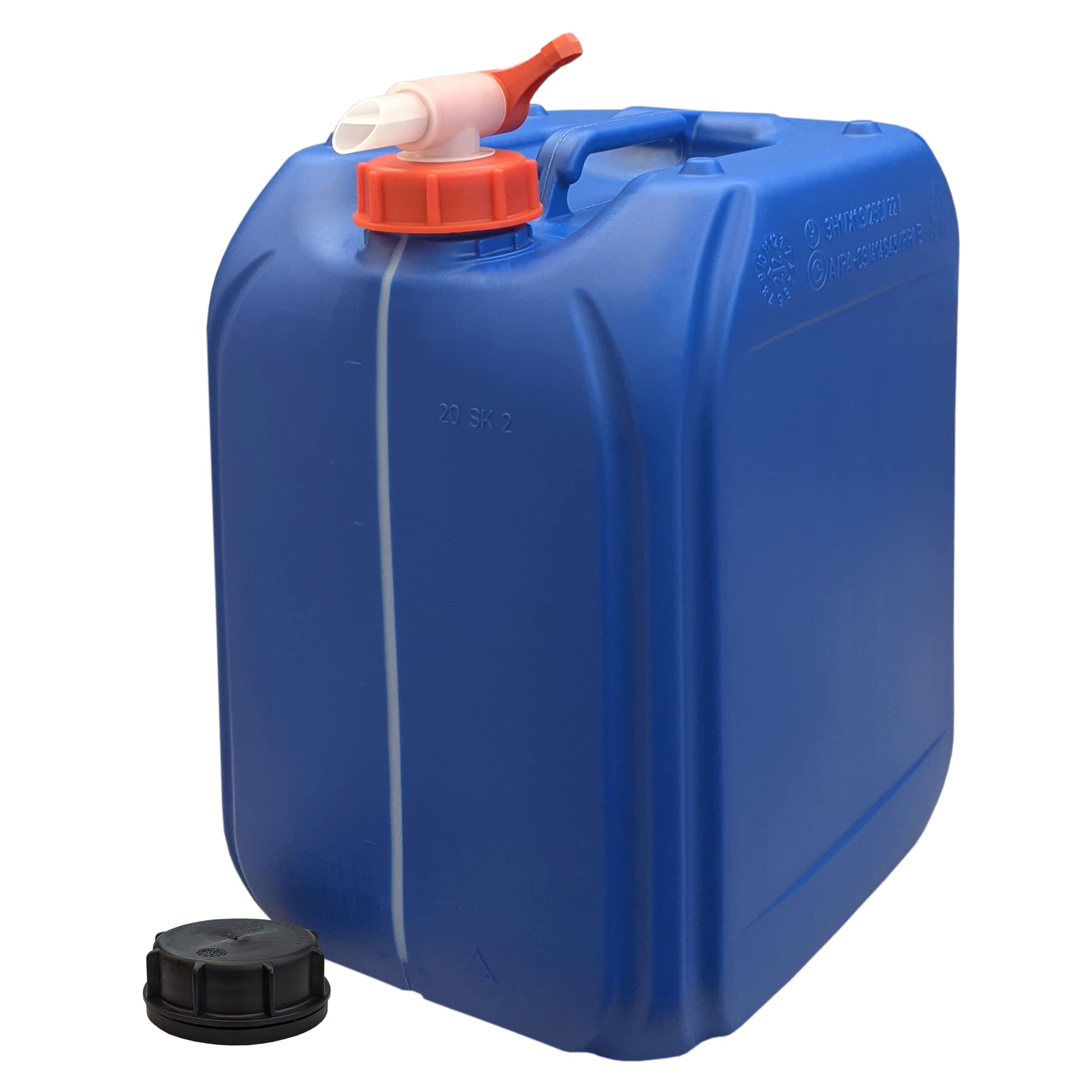 plasteo® 2 taniche per acqua da 20 litri, blu con 1 rubinetto, con strisce e scala in incrementi da 5 litri, per alimenti, senza BPA, approvazione di pericolo, impilabili, stoccaggio di emergenza