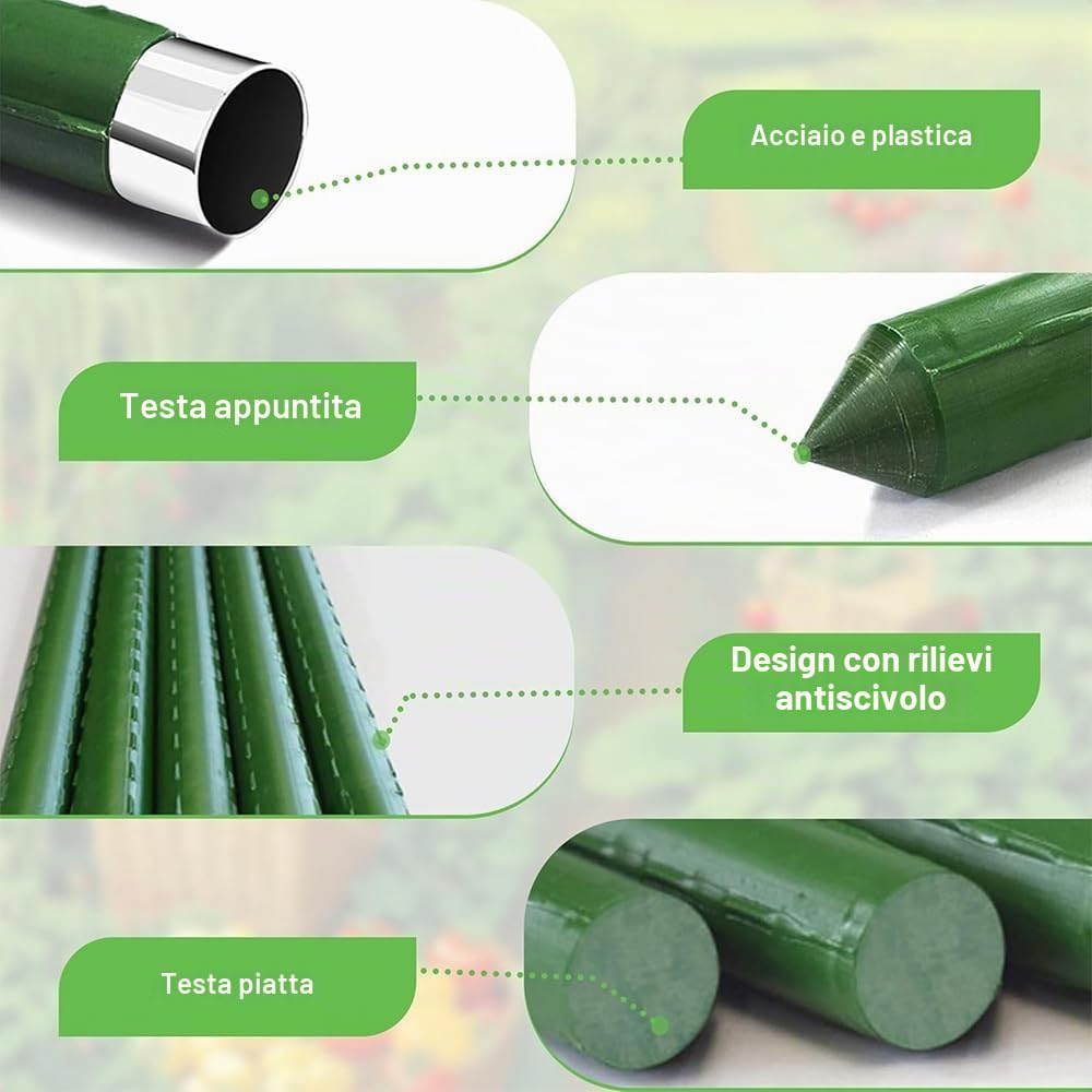 30 aste per piante rampicanti, in acciaio inox rivestito in plastica, 40 cm, con 20 connettori, 30 clip multifunzione e 2 legamenti per piante, supporto per piselli, cetrioli, pomodori
