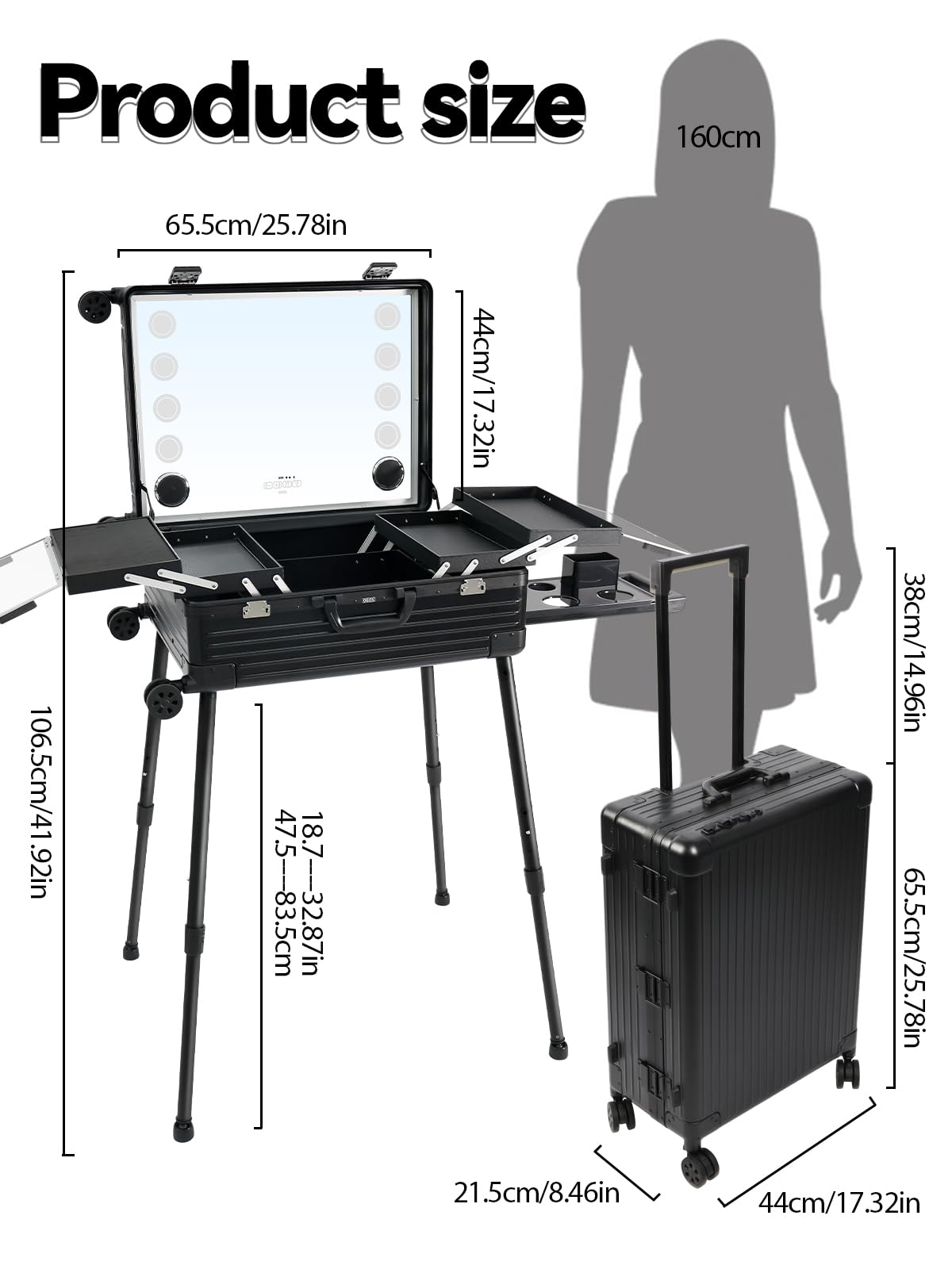 EBANKU Kosmetikkoffer Trolley Schminkkoffer, 24in PC Rolling Makeup Train Case Professionelle Künstler Kosmetik Organizer mit Spiegellichtern Nail Tech Organizer Storage, 4 Display-Tasten (Schwarz)