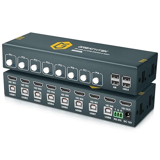 HDMI KVM Switch 8 Port, 4K@30Hz KVM Switch 8 Computers Share 1 Monitor and Keyboard & Mouse, with USB 2.0 Ports, Support Button Switch & Hotkey Switch & RS232, Adaptive EDID, Plug and Play