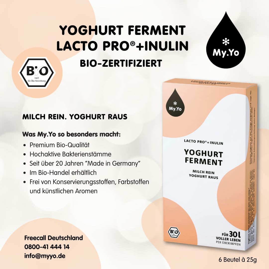 Fermento de yogur ecológico My.Yo, con bifidobacterias e inulina, para hacer yogur casero fresco y delicioso