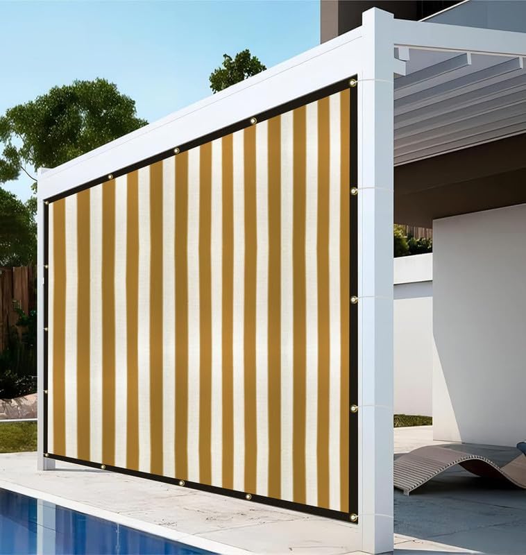 HDPE Stripe Pattern Sun Shade Canopy with Polyester Webbing & Eyelet, 85-90% UV Protection,Windproof Breathable Privacy Screen for Balcony & Outdoor Area(Beige&White, 14x5 Ft) 1 Pc