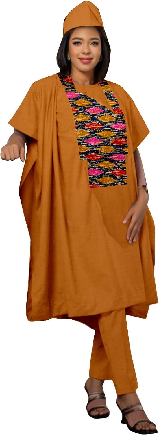 African Clothes for Women Agbada Robes Embroidery Shirts Pants and Hats 4 Piece Set Dashiki Outfits
