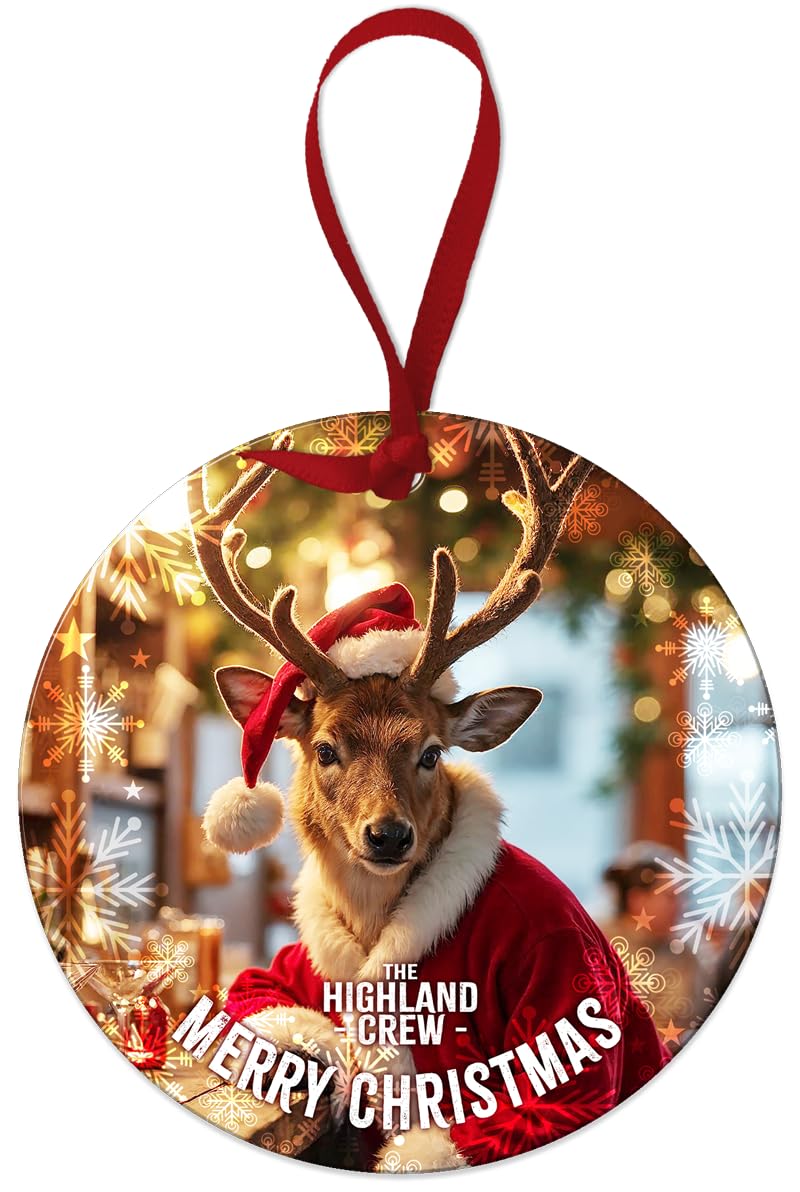 Round Metal Dangler Ornament Sign (75 mm Diameter) - The Highland Crew (Xmas Red Deer)