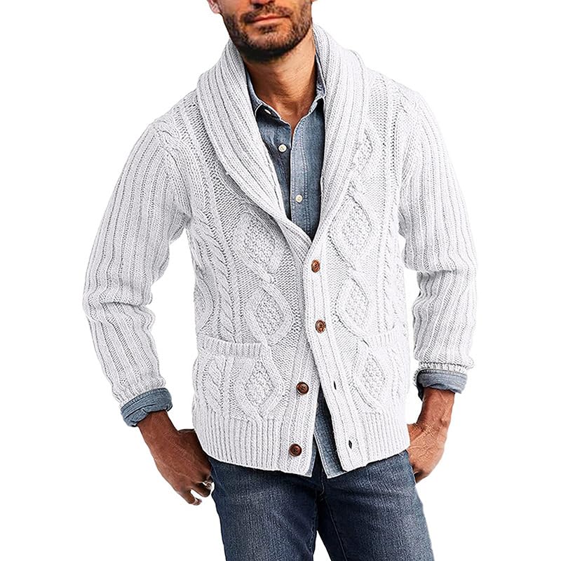 Mens Vintage Shawl Collar Pocket Cardigan Loose Long Sleeves Button Down Cable Knitted Sweaters4