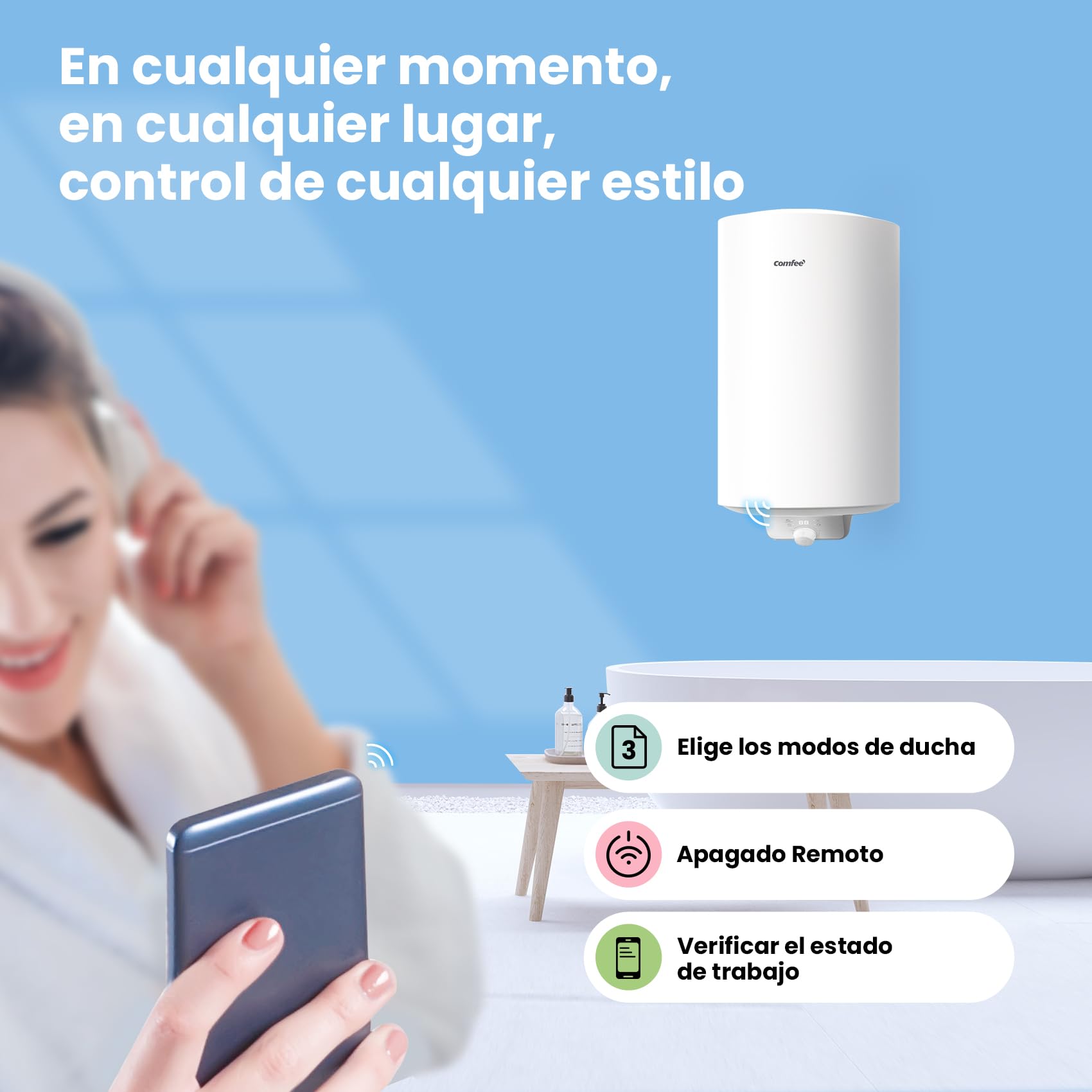 COMFEE' D50-15EFG Calentador de agua eléctrico mural de Accumolo 50 L Sobre fregadero de acumulación Compacto fácil de instalar, Blanco | Control Remoto por APP, Tamaño Compacto, Fácil Instalación, Clase B, 1500W Calentamiento rápido, Montaje sin Retaladr