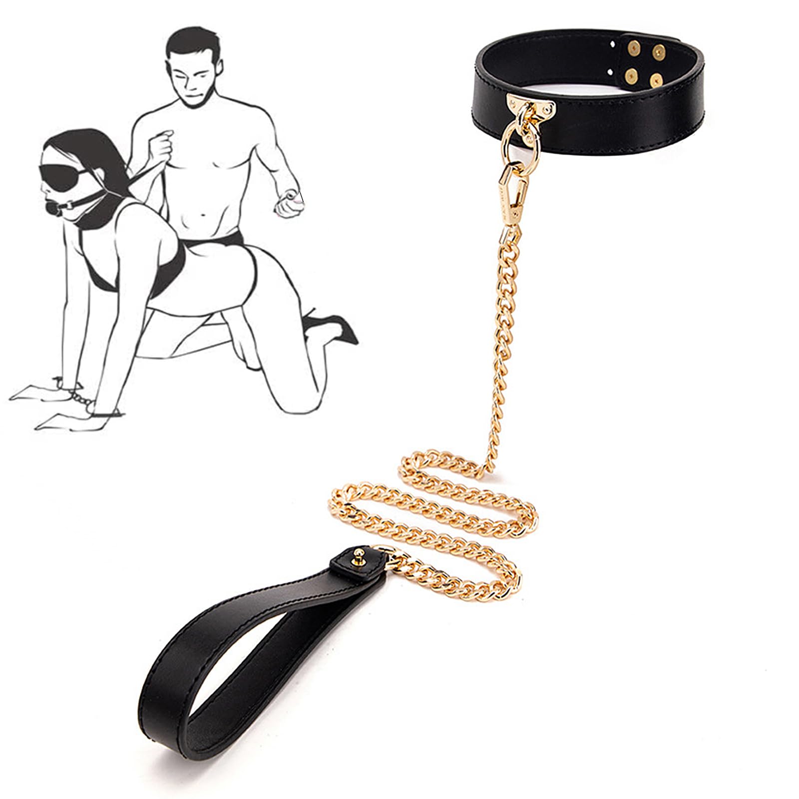 Yiotmop Unisex Black Bdsm Leather Collar With Gold Chain Sex Choker Erotic Fetish Slave Kit Sm Cosplay Restraints Bondage Set Extreme Sex Accessories Toys For Couples Women Men