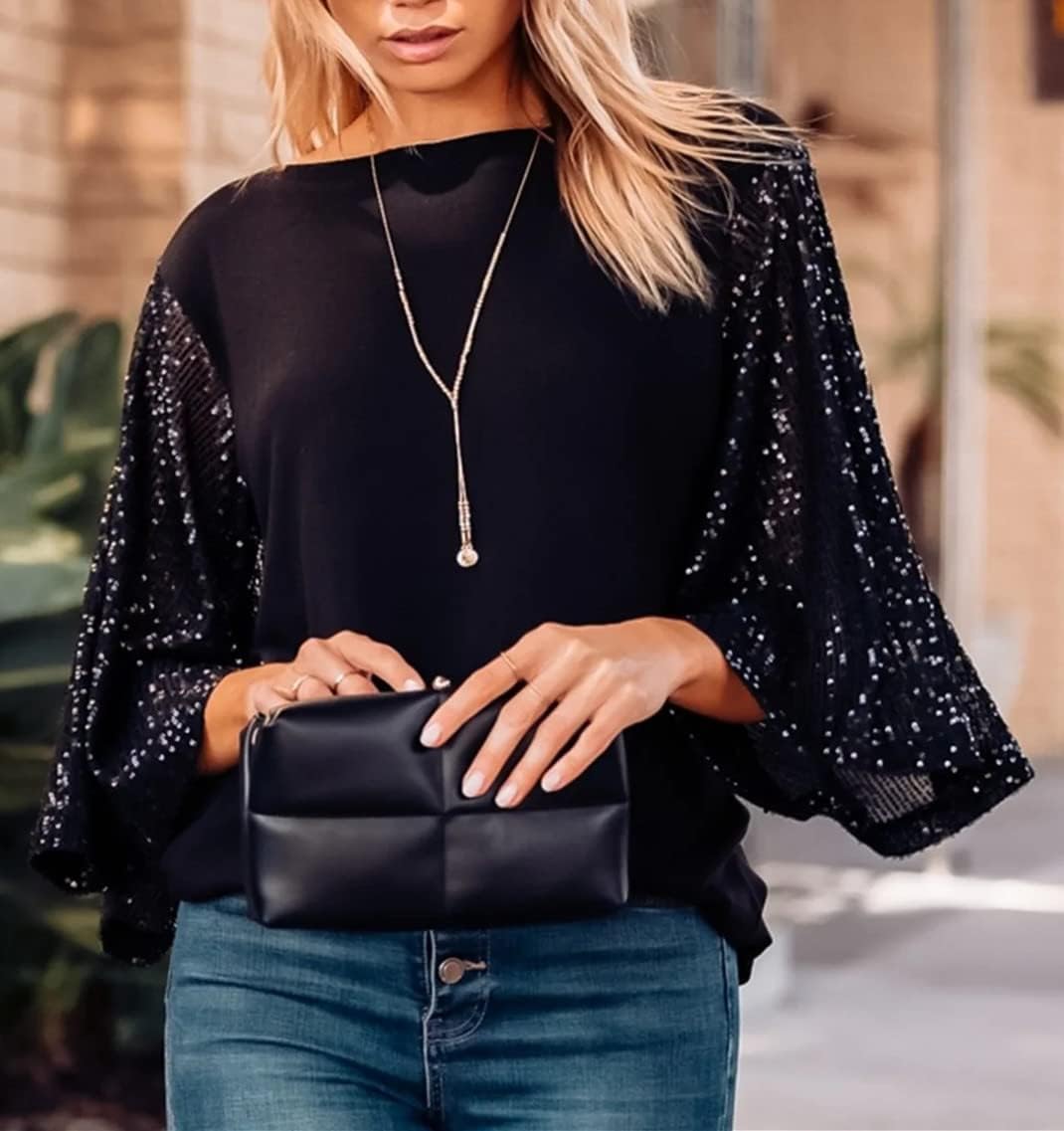 Womens Flutter Sleeve Boatneck Sparkly Holiday Party Blouse Casual Loose Sequin Tunic Tops - Image 7