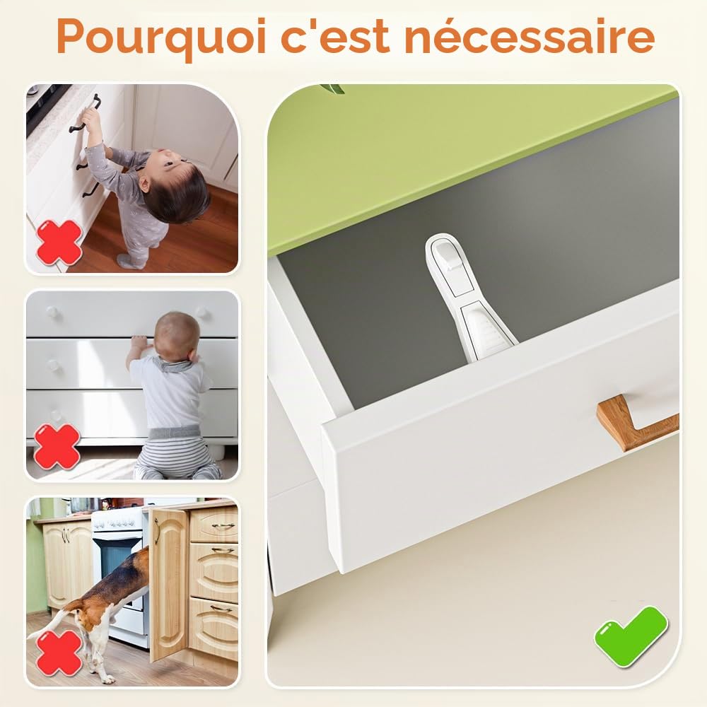 SAFELON 12 Pièces Serrures d’armoire de sécurité pour bébé serrures de tiroir à l’épreuve des enfants avec vis, loquet pour enfants pour tiroirs et armoires (Blanc)