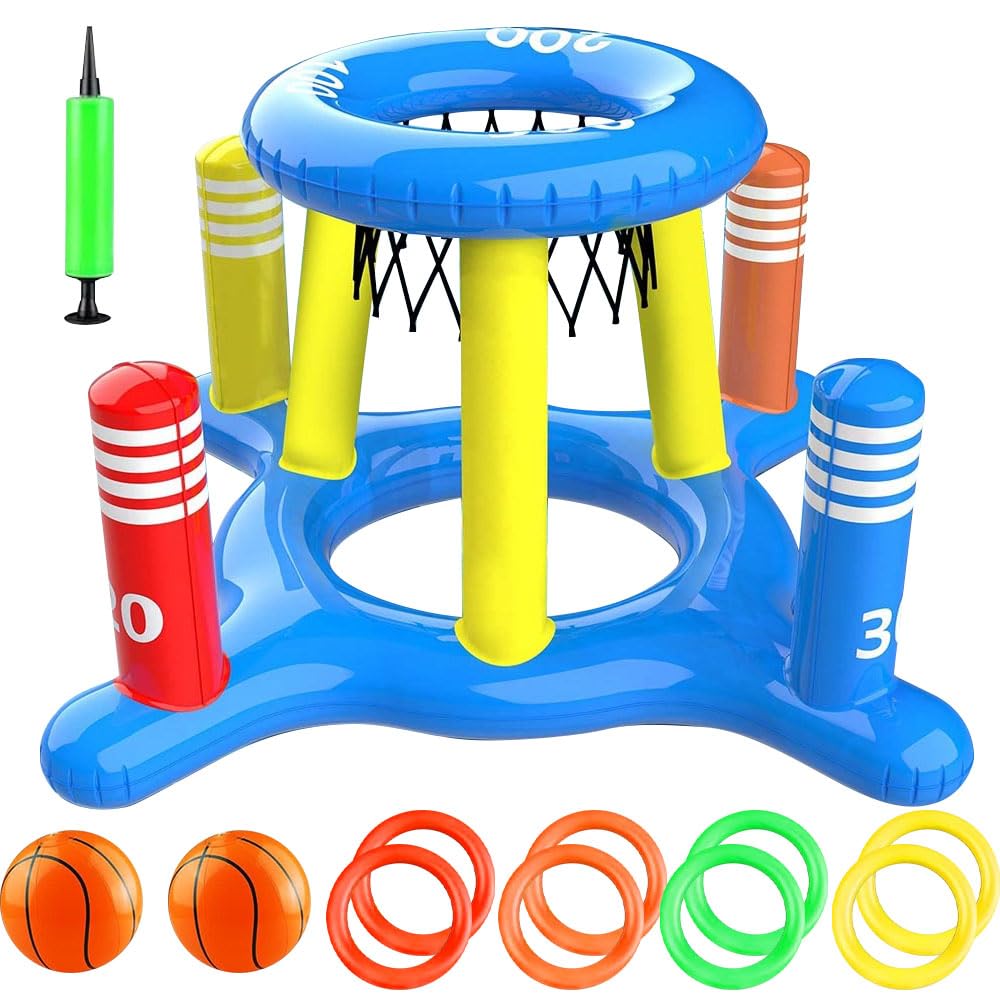 Nzkeuf Pool Basketball Hoop, 2-in-1 Swimming Pool Toys Basketball Games with 2 Inflatable Balls and 8 Floating Circles, Outdoor Beach/Backyard Party Game