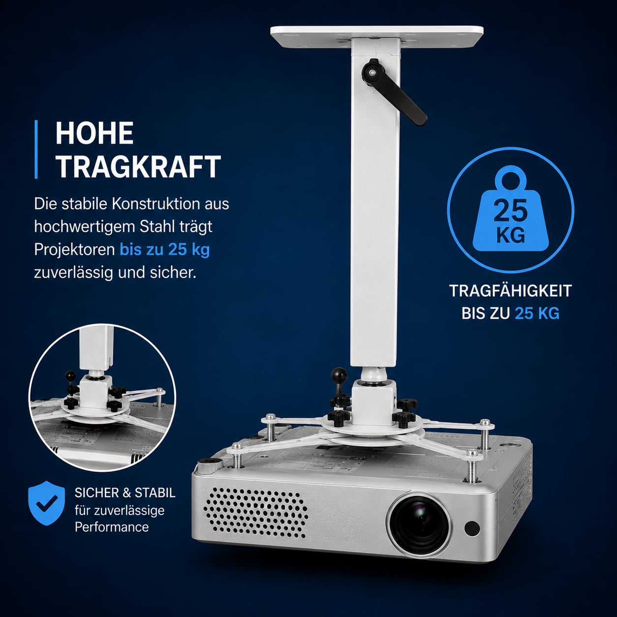 Alphavision Professional Universal Beamer Deckenhalterung Standard | Höhenverstellbar 60-110 cm | Tragkraft 25kg | 360° Drehbar | Neigbar | Projektor Halterung | Lichtgrau
