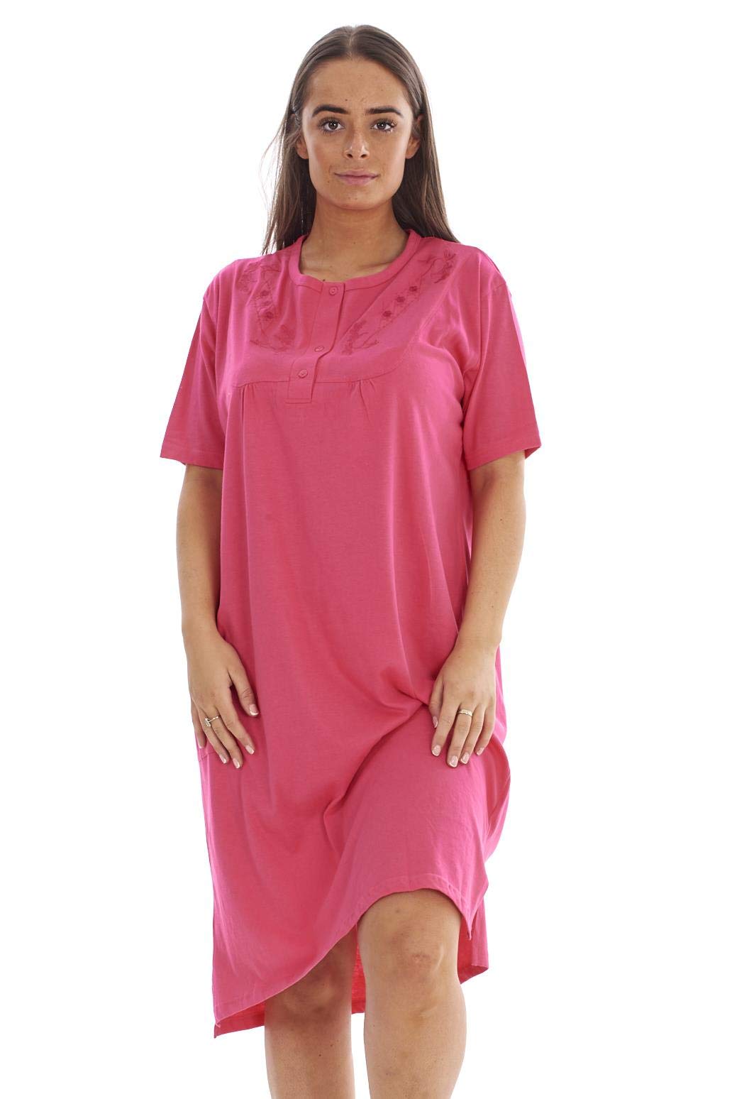 Malay Women's Fuchsia Plain Nightdress Embroidered Crew Neck Short Sleeve Pocket Nightshirt