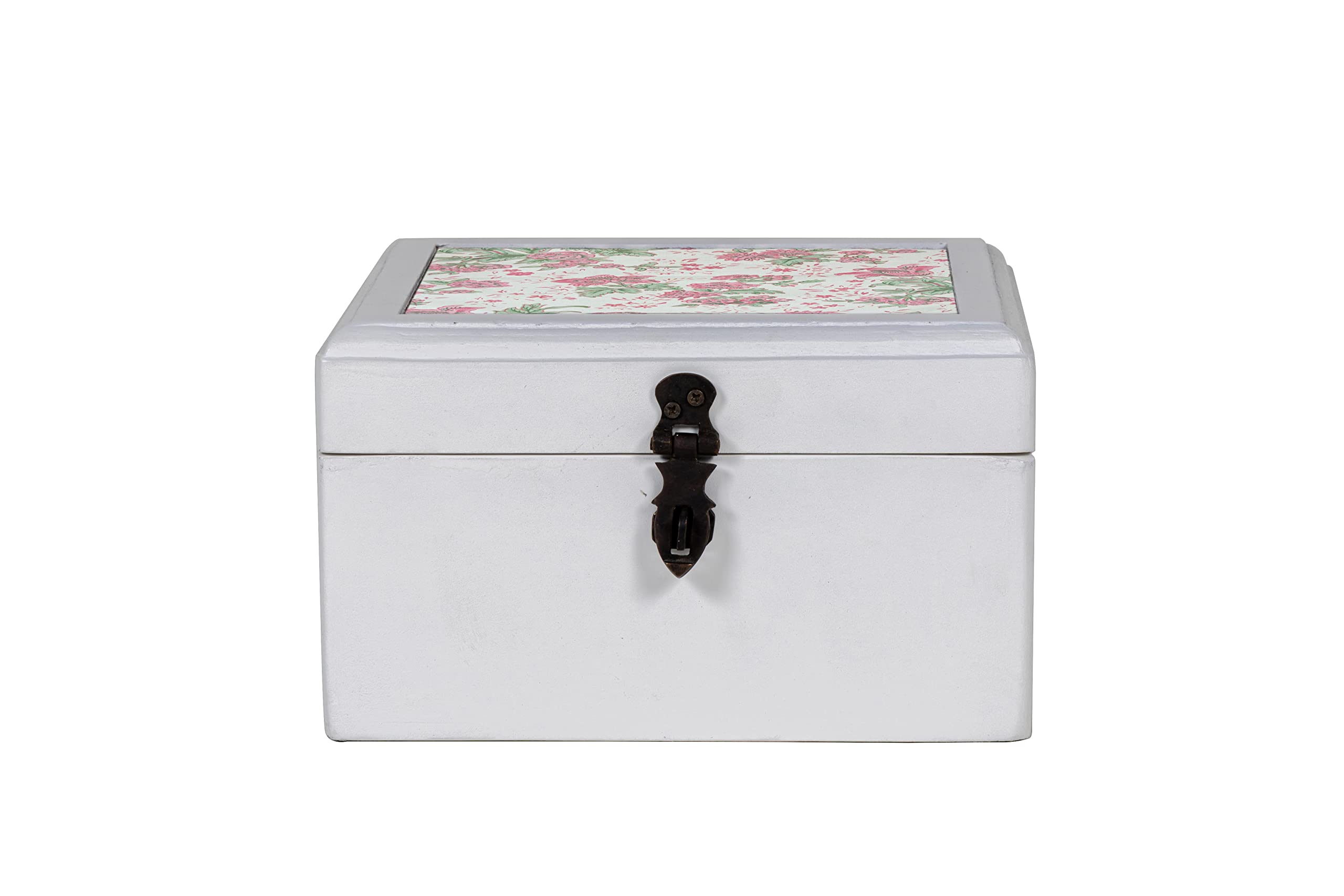 CONTRAST LIVING Besacm Wooden Decorative Jewellery Painted Box with Cotton Fabric on top (Outer White Size- 22x22x13 Cm || Fabric Colour -Pink&Green)-image-22
