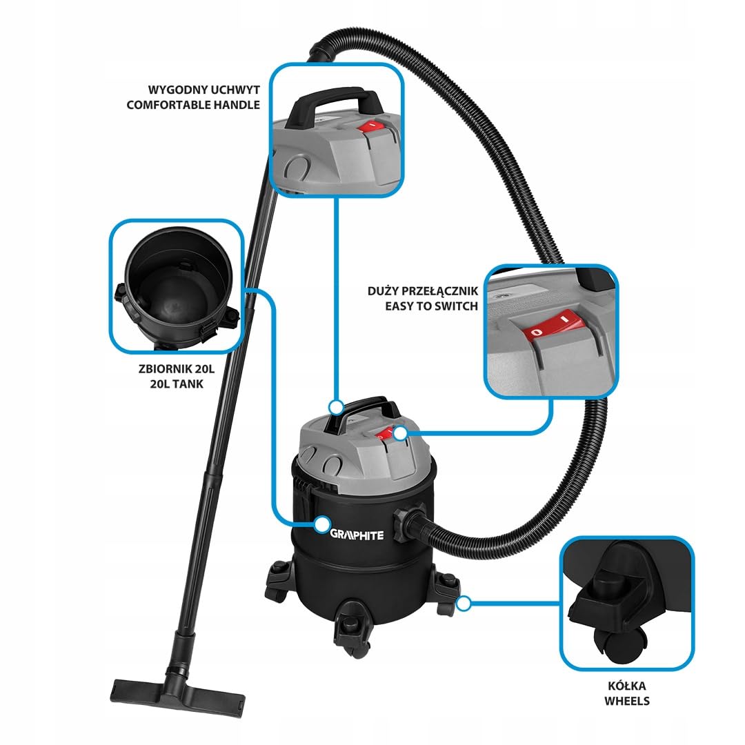 GRAPHITE Aspirador en seco y húmedo (1200 W, 20 litros de volumen del recipiente, en caja) – con filtro de espuma, HEPA – Manguera de aspiración: 2 m – Aspirador industrial con función de soplado