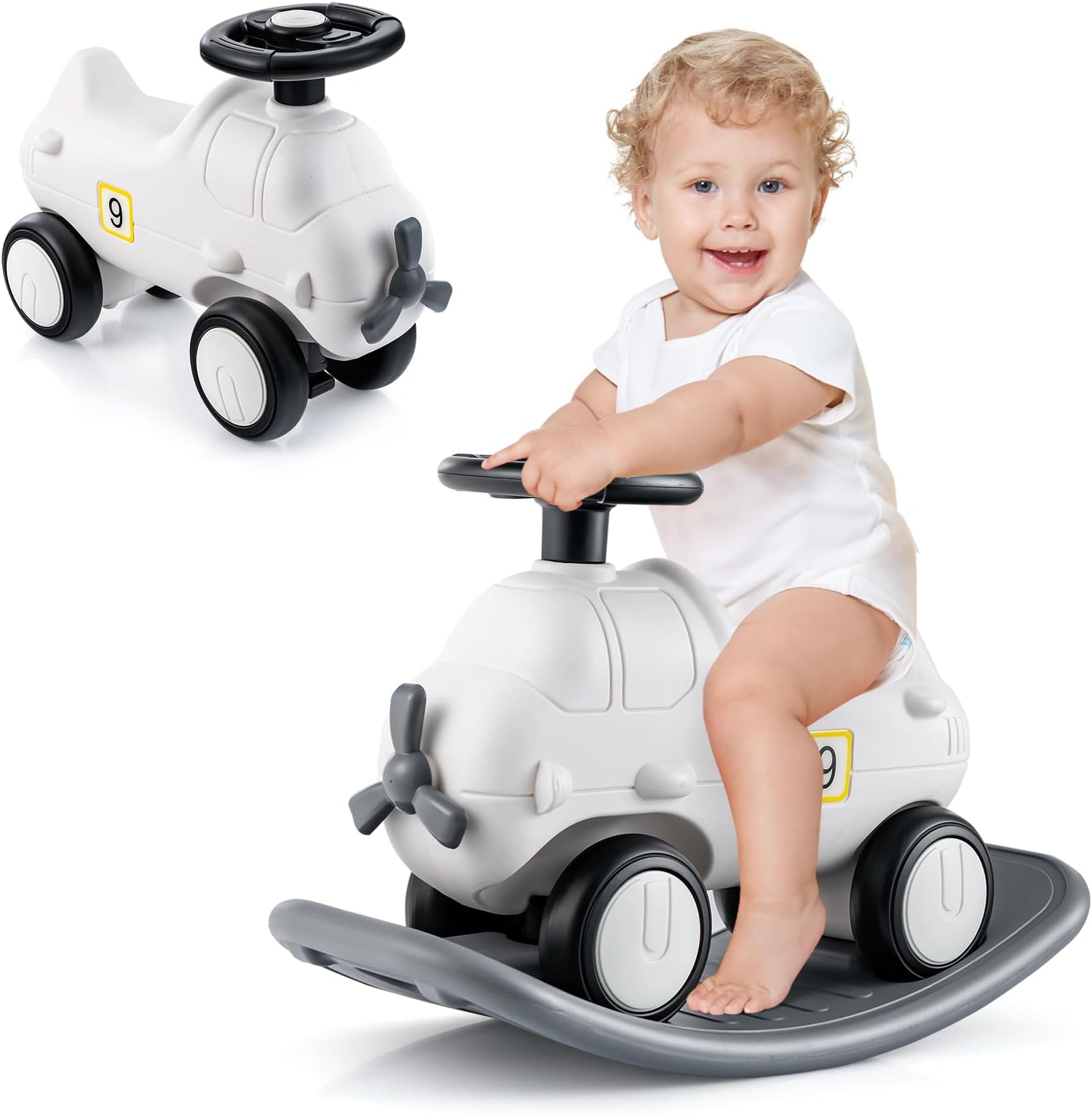 BABY JOY Rocking Horse, 3 in 1 Balance Car Ride On Rocking Toy for w/Detachable Balance Board, Smooth Wheels & Cute Plane Appearance, Rocking Horse for Toddlers 18-72 Months Indoor Outdoor Play