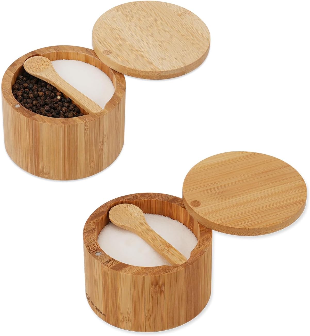 KITCHENDAO Bamboo Salt Pepper Bowl Box Cellar with Spoon and Magnetic Swivel Lid