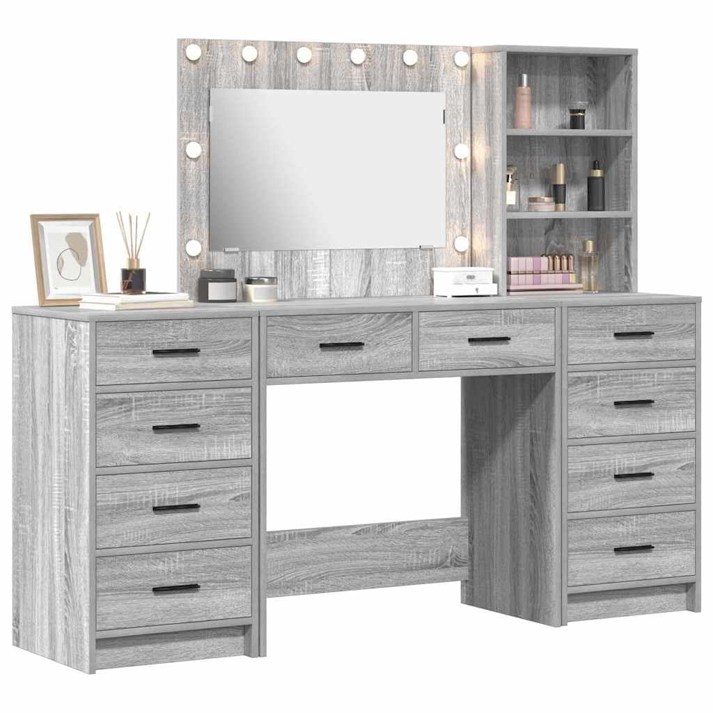 vidaXL Schminktisch 3 STK. Sonoma-Grau 78,5 x 41 x 135 cm | Geräumiges Design für organisierte Essentials, LED-Vanity-Lichter für perfektes Make-up,