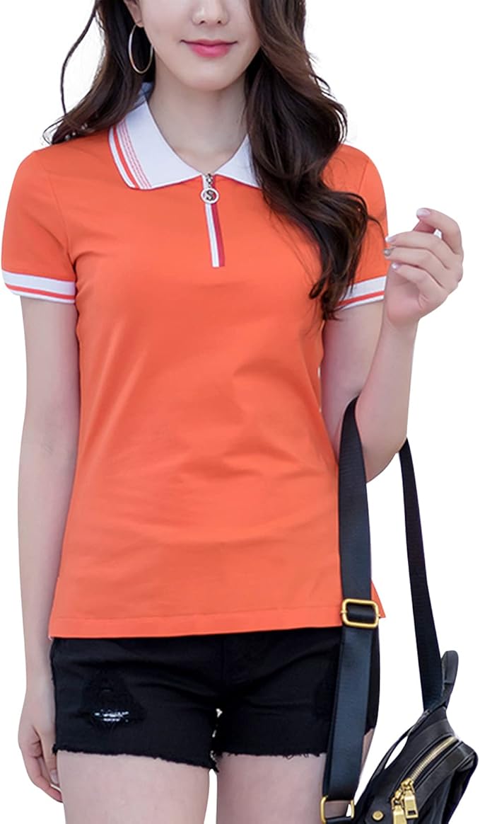 Amazon 半袖ポロシャツ レディース ジップアップ ゴルフ 襟付きシャツ 半袖 可愛い スポーツ Polo シャツ 無地 ライン ストレッチ 綿 ポロシャツ ハーフジップ トップス 夏 ゴルフシャツ 通販