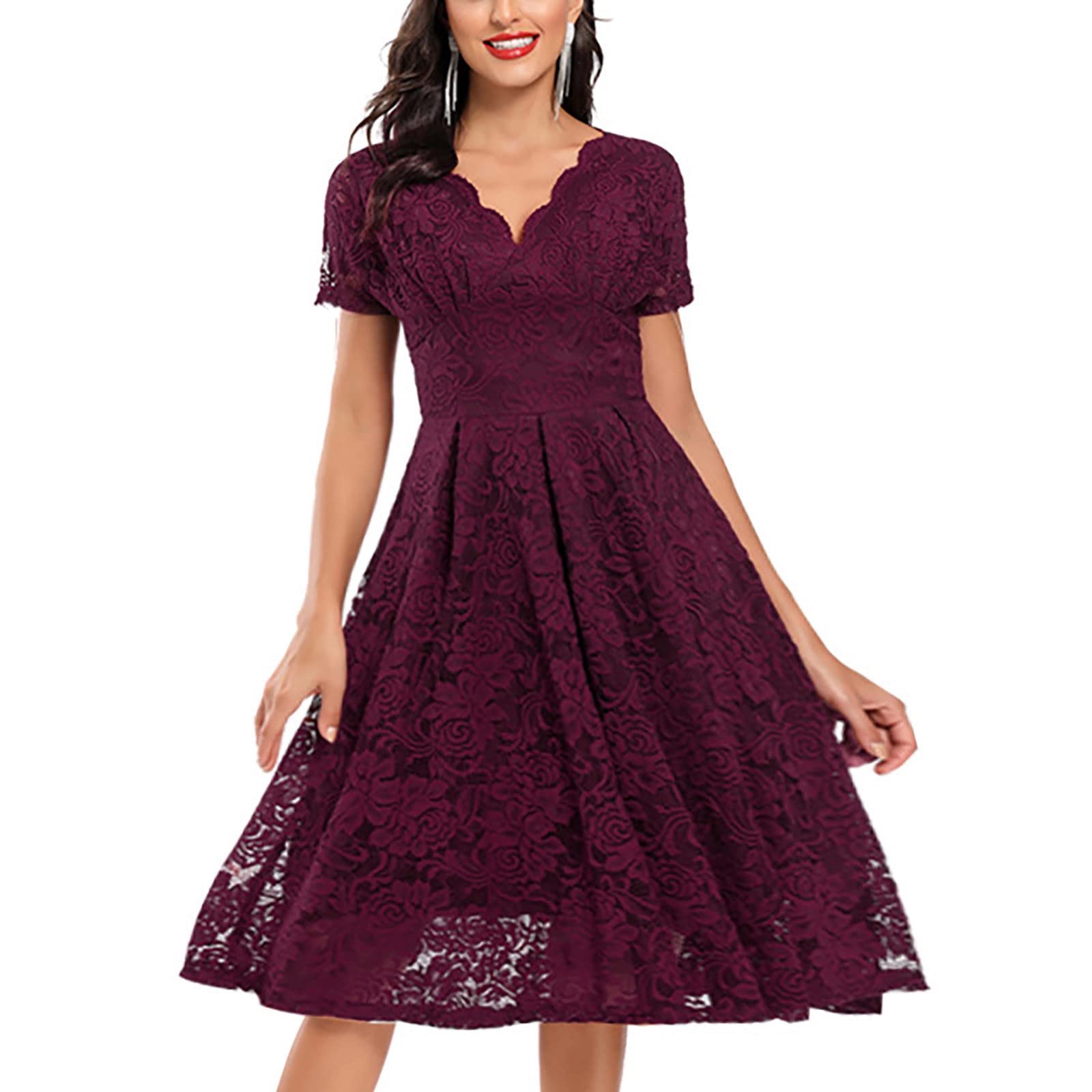 Kleid Hochzeitsgast Damen Lang Spitze mit Ärmel Festliche Kleider Für Damen Hochzeit Midi Sommerkleid V Ausschnitt Elegant Midikleid A Linie Schwingen Sommerkleider Leicht Und Luftig Abendkleid