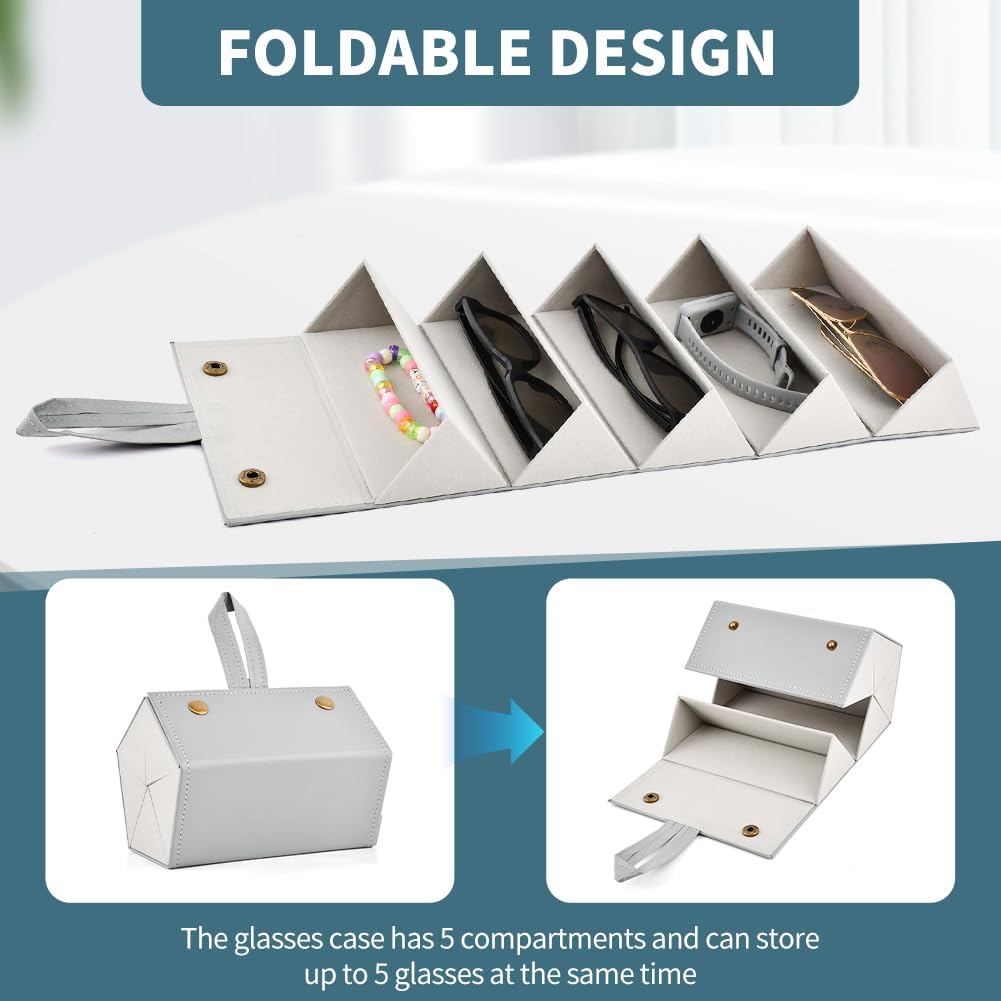 5 Slots Travel Sunglasses Organizer With Hook, Foldable Travel Sunglass Case, Multiple Eyeglasses Storage Box for Women Men(COLOR:Grey) - Image 4