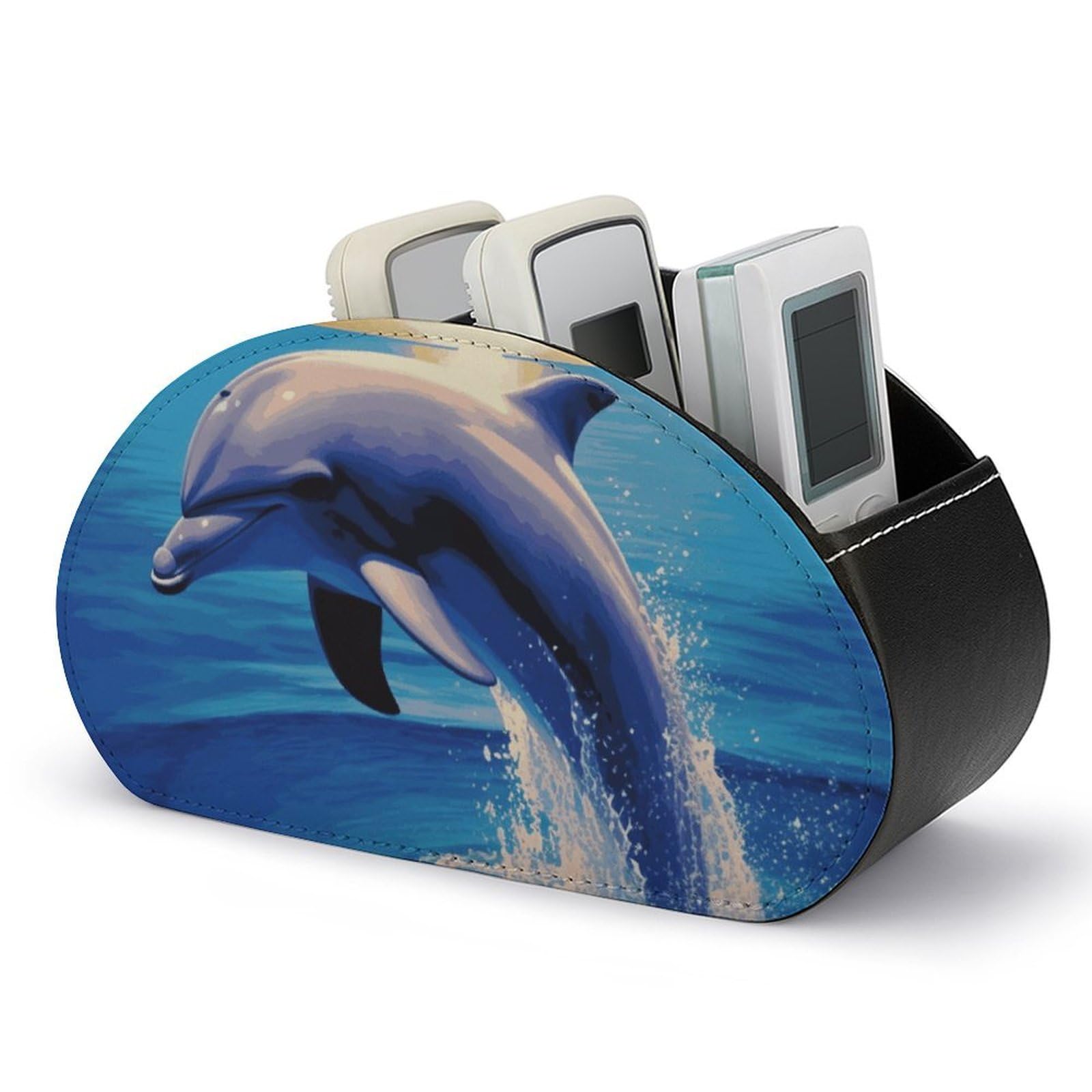 VstaDank Elegant Dolphin Remote Control Holder with 5 Compartments PU Leather Remote Caddy Desktop Organizer Store TV Remote Control Storage Box for Home Office Desk Nightstand