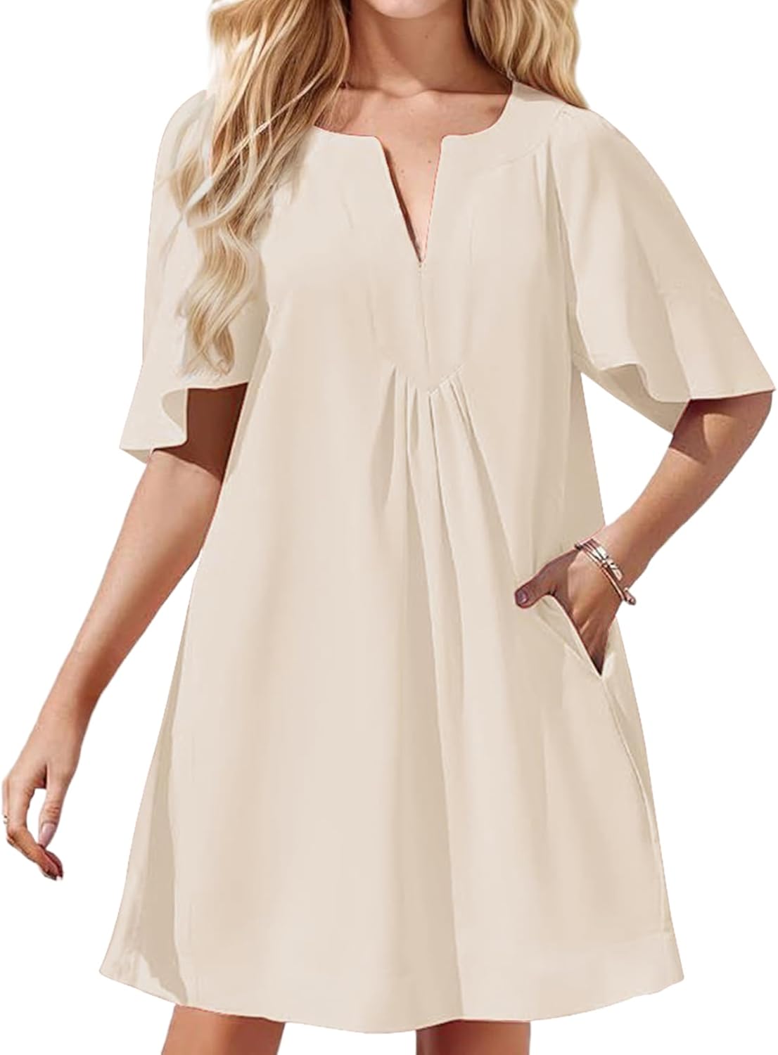 Kedera Women Casual Summer Dresses 2024 Spring V-Neck Oversized Flutter Sleeve Solid Mini Dresses Khaki, Large