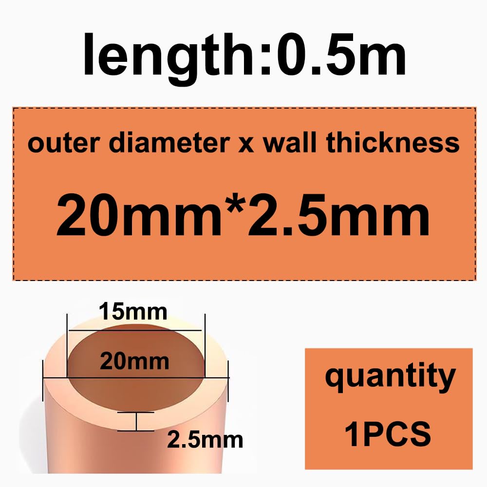 flexibles Kupfer-Mikrobohrungsrohr, Hard Drawn Copper Hollow Tube 20mm x 0.5-5mm .5m Plumbing HVAC Refrig Water Gas Ind DIY(20mm*2.5mm*0.5m)