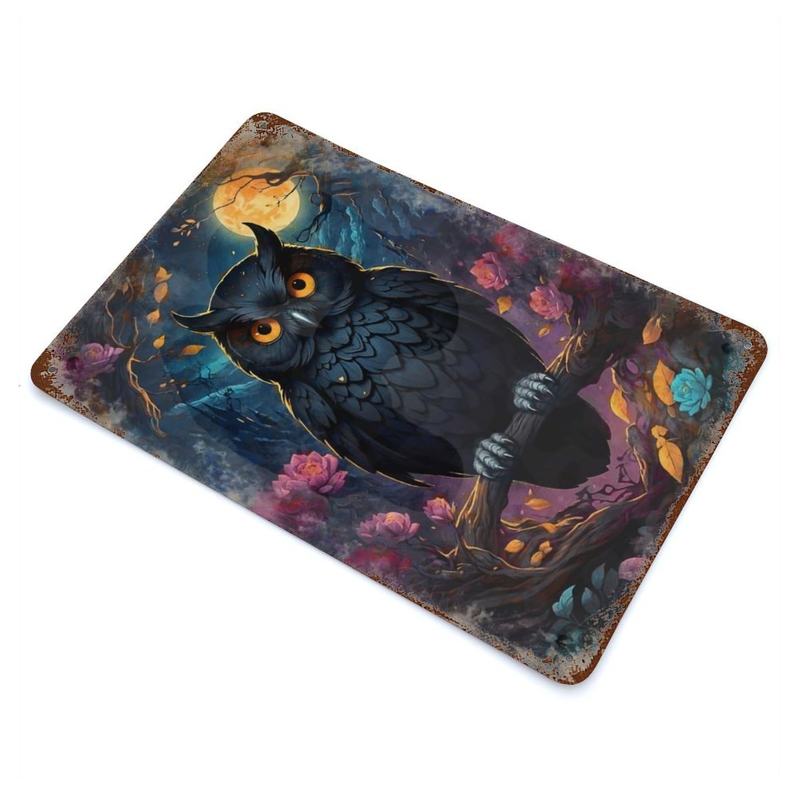 Rust Effect Black Owl Under Full Moon Rusty Metal Tin Sign 11.8"x7.9", Farmhouse Wall Decor for Shed, Workshop And Garage Wall Decor