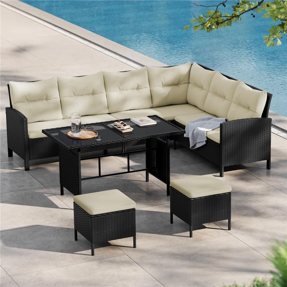 Yaheetech Ensemble Salon de Jardin en polyrotin Lot de Mobilier 4 Pièces Canapés Extérieur avec Table et Ottomans Meubles pour Balcon Terrasse Véranda Salon Noir/Beige