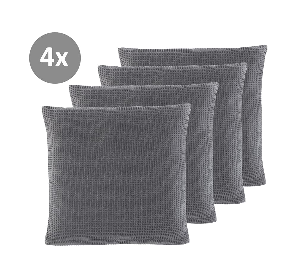 Waffelpiqué Kissenhülle • Kissenbezug • Sofakissen-Hülle • Dekokissen • 100% Baumwolle • Größe: 45 x 45 cm • Packungsgröße: 4er Pack • Farbe: Grau