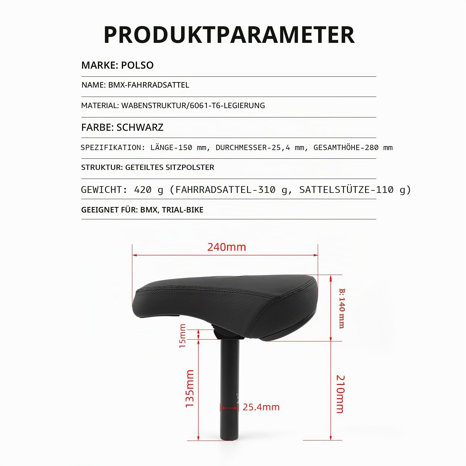 BMX Fahrradsattel- und Sattelstützen-Set, leicht, langlebig, 25,4 mm, 27,2 mm, universelle BMX-Teile