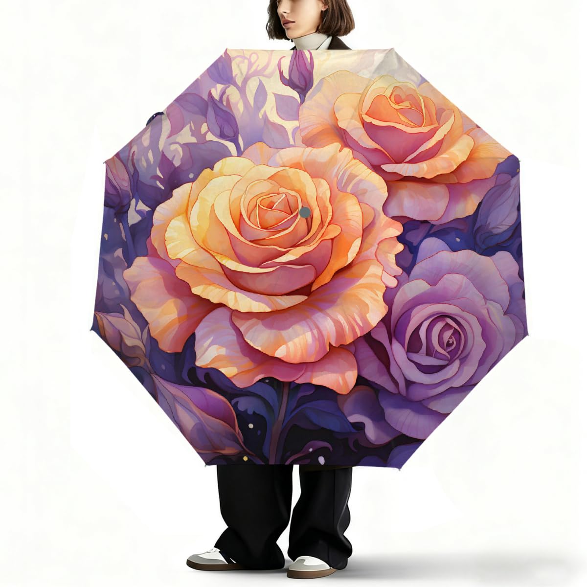 Ombrello pieghevole vintage con rosa gialla floreale ombrello da viaggio compatto antivento impermeabile con protezione UV rivestimento nero leggero 8 coste portatile per pioggia sole
