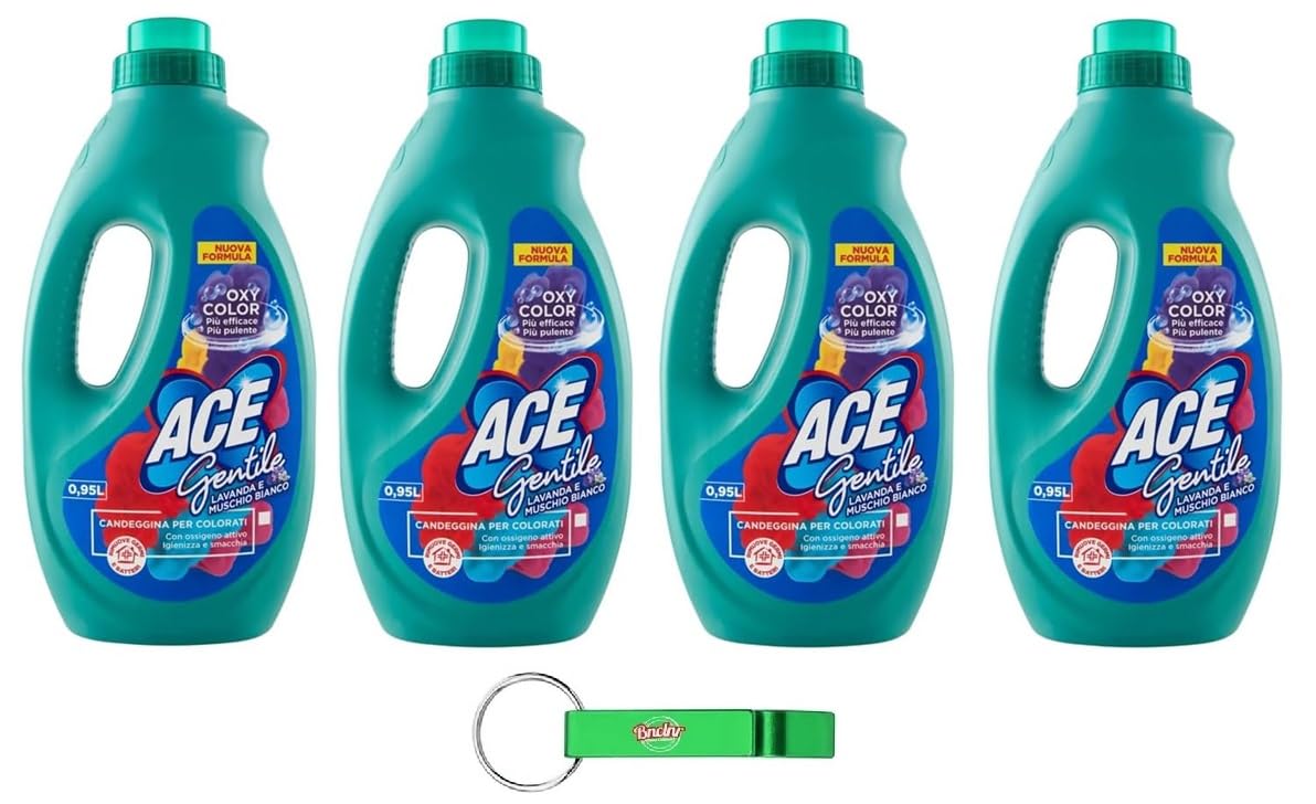 4x Ace Gentile Candeggina per Colorati,Bleichmittel für Farben – Lavendel und Weißer Moschus Wirksam Gegen Flecken 950ml + Beni Culinari Kostenloser Schlüsselanhänger